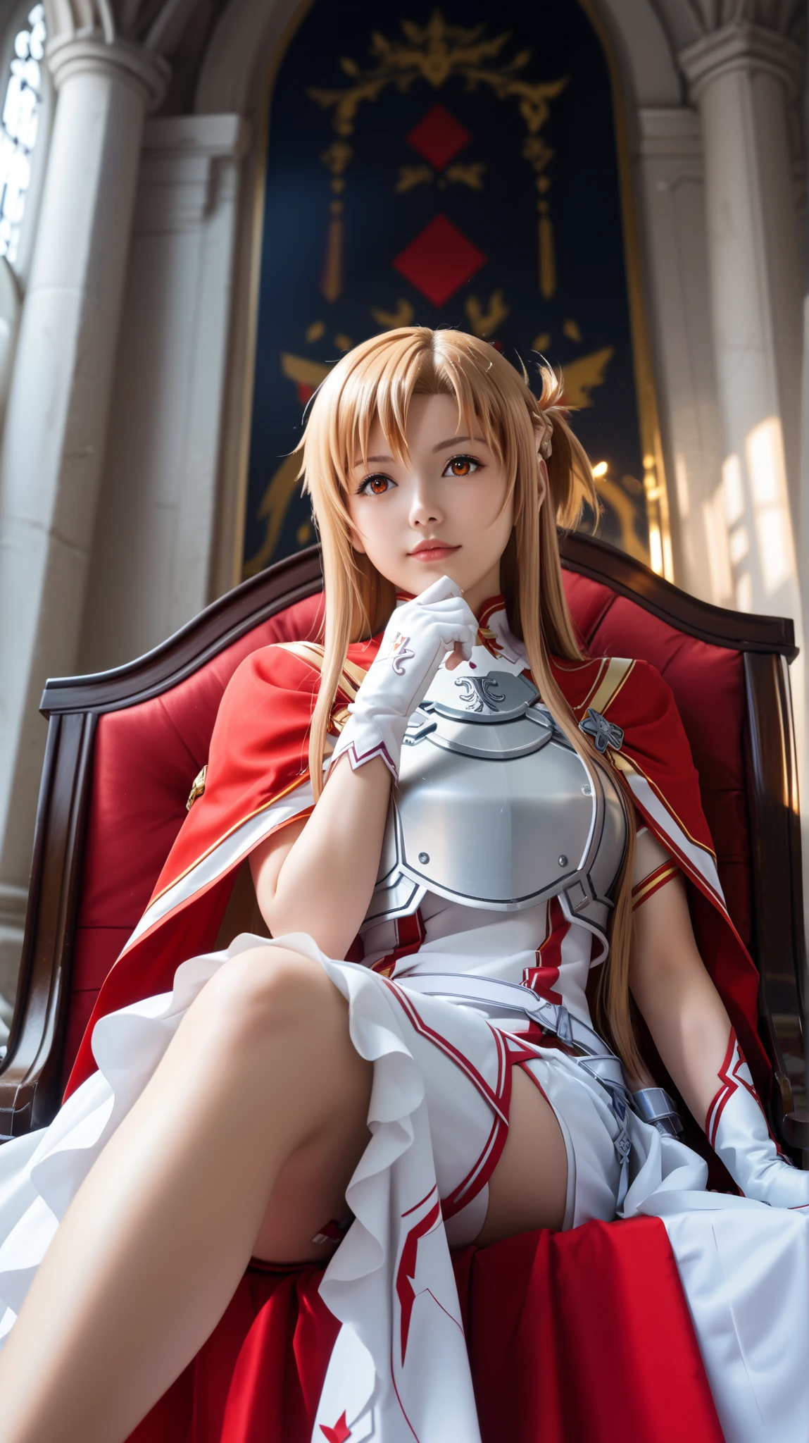 Asuna Yuuki from Sword Art Online in her iconic anime outfit, sitting regally on an ornate throne, exuding power and authority.
She wears her signature white and red battle dress with silver accents, featuring elegant armor details on her shoulders and gloves. Her long, light chestnut hair cascades gracefully over her shoulders, framing her striking hazel eyes that glow with determination. She sits with perfect posture, one leg slightly crossed over the other, while her right hand rests on the armrest and her left hand is raised in a commanding gesture, symbolizing leadership. The throne is grand, made of dark metal and intricate carvings, with red velvet cushions that contrast against her outfit. The background features a dimly lit medieval hall, with golden torches casting dramatic shadows and beams of warm light illuminating her figure. Emulate a Canon EOS R5 with an 85mm f/1.2 lens, cinematic lighting with dramatic chiaroscuro contrast, soft rim light emphasizing her silhouette. Composition follows the rule of thirds, slightly low-angle shot to enhance her dominance. --ar 16:9 --v 6 --style raw --quality 1 --stylize 1000