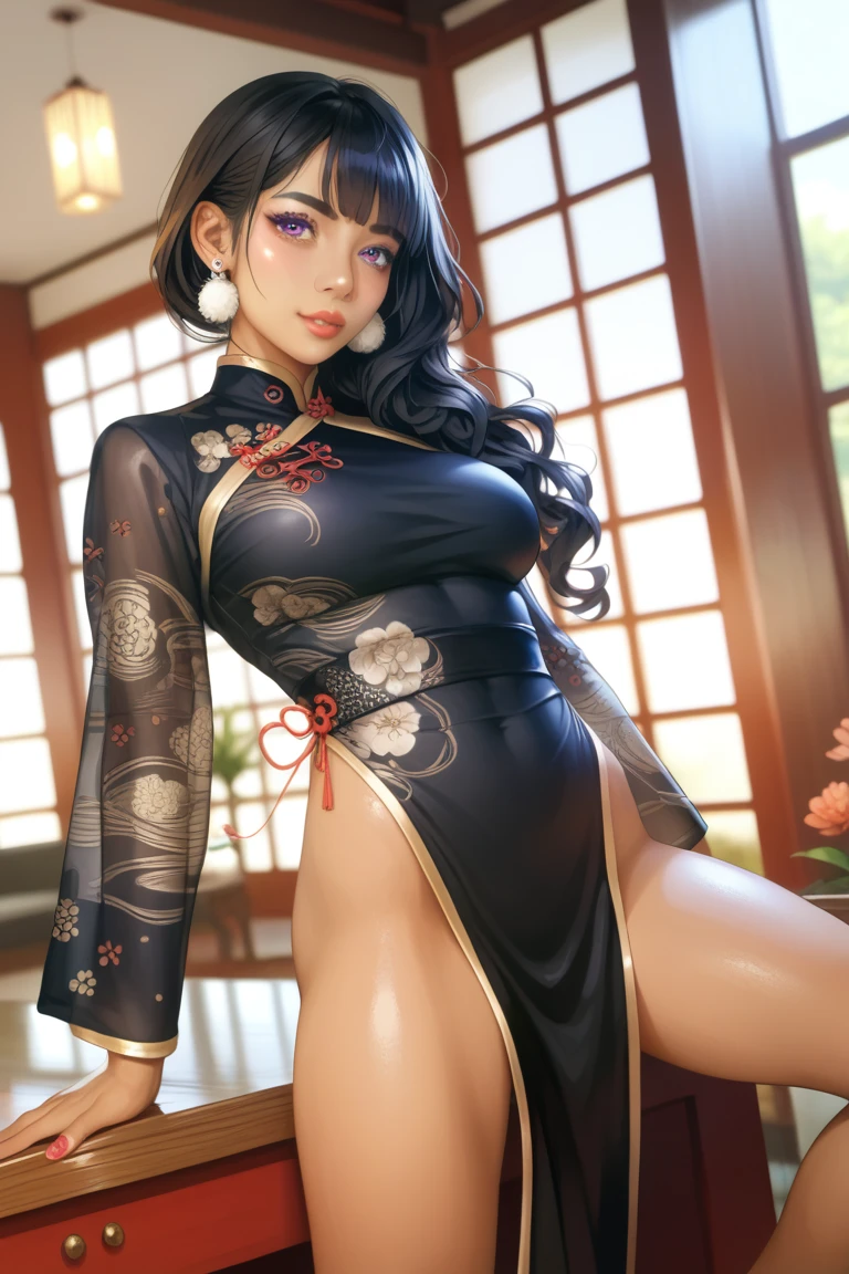 Cheongsam Girl,Long Hair,Pure white background,Depth of written boundary,Low angle view,Calf Level View,Overclocked Renderer,Cinema Lighting,Ultra-fine,Very detailed,complicated,Cinematic Perspective,CG Art,Black Chinese Dress,