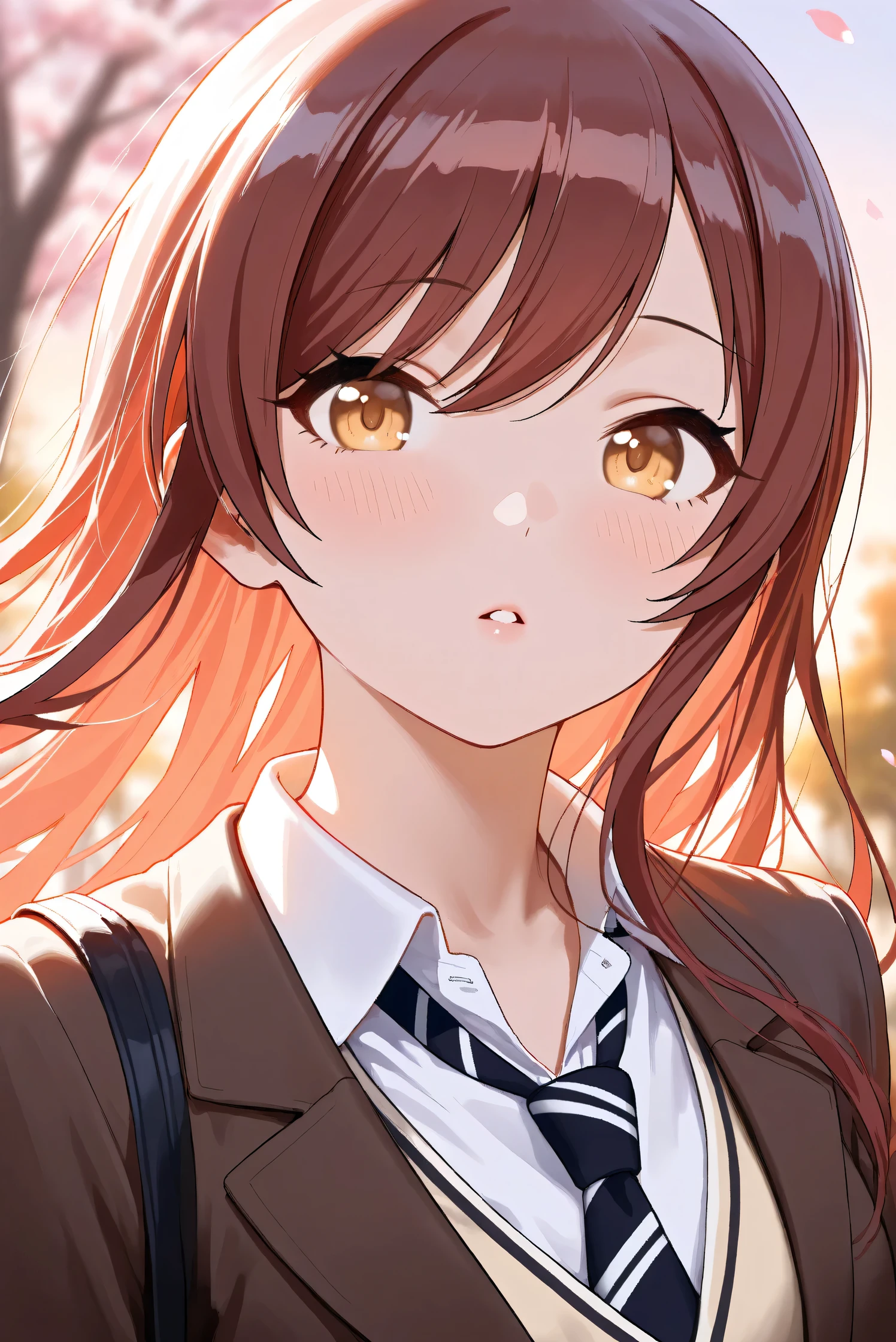 (Masterpiece), (Highest quality), (Very detailed),
(The best shape), (Best Shadow), (Absurd),
(Detailed background), (So beautiful), Shiny ,
Extraordinary, Countershading, 8k, 32K, High resolution, Beautiful eyes in every detail,
Very Detailed CG, UHD,
Score_9, Score_8_up, Score_7_up, Source_anime,
(Pastel painting:1.2), (Watercolor painting:1.2),
(Masterpiece, Detailed:1.2), (Foreshortening:1.2),
Cinematic, Dramatic, (Depth of field:1.4),
(Blurry background:1.4), (Realistic background:1.4),
Dynamic angle, 1 girl,
Outdoor, Spring, (Cherry blossoms:0.8), (Evening:1.2),
Wind, Nature,
Osaki Amana,
the idolmaster shiny colors,
amanaosaki,
red hair, brown hair, yellow eyes,
(School uniform:1.3),
Blazer, Brown blazer,
Sweater, Khaki sweater,
formal shirt, White collar shirt, tie, black tie,
School bag,
Portrait, Focus on face,
(Blush:1.3), Parted lips,
Realistic skin, Shiny skin,