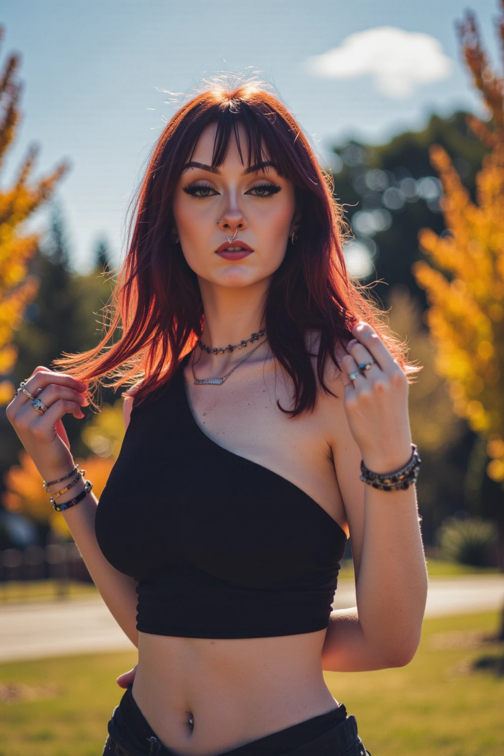 (photorealism:1.2), beautiful woman, in a forest, wearing goth dress, long bright pink hair, dark lighting, plants in background, moonlight, relaxed pose, realistic, intricate details, cold colors,