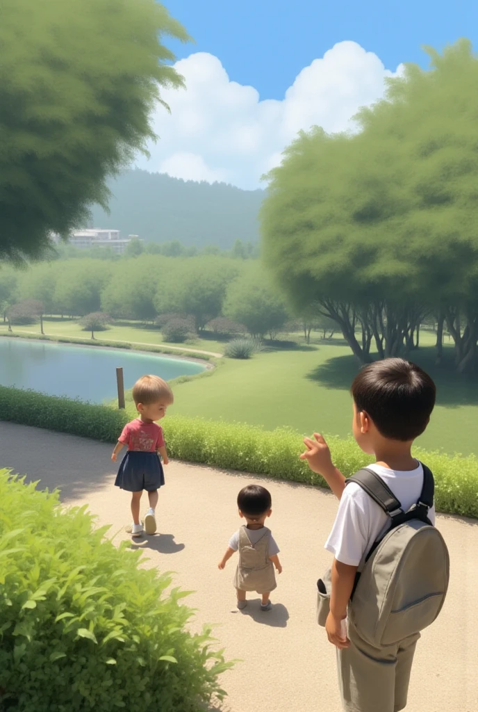 Three super cute asian kids, carrying a bag, Run happily on the green grass, The meadow has beautiful flowers and greenery, Full of summer atmosphere, Depicted by a painting by Paul Corfield, UI illustration, Features highly detailed facial features and cartoon-style visuals, Minimalist style, 3D illustration, Medium view, Tilt-shift effect, 16K resolution, best picture quality, blender, OC renderer, super detail