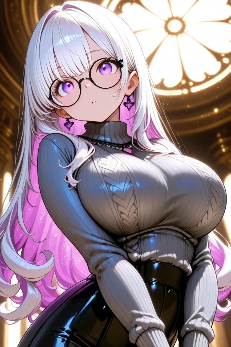 Witch, sexy pose, big breasts, curvy, smile, bob haircut, sexy dress, glasses