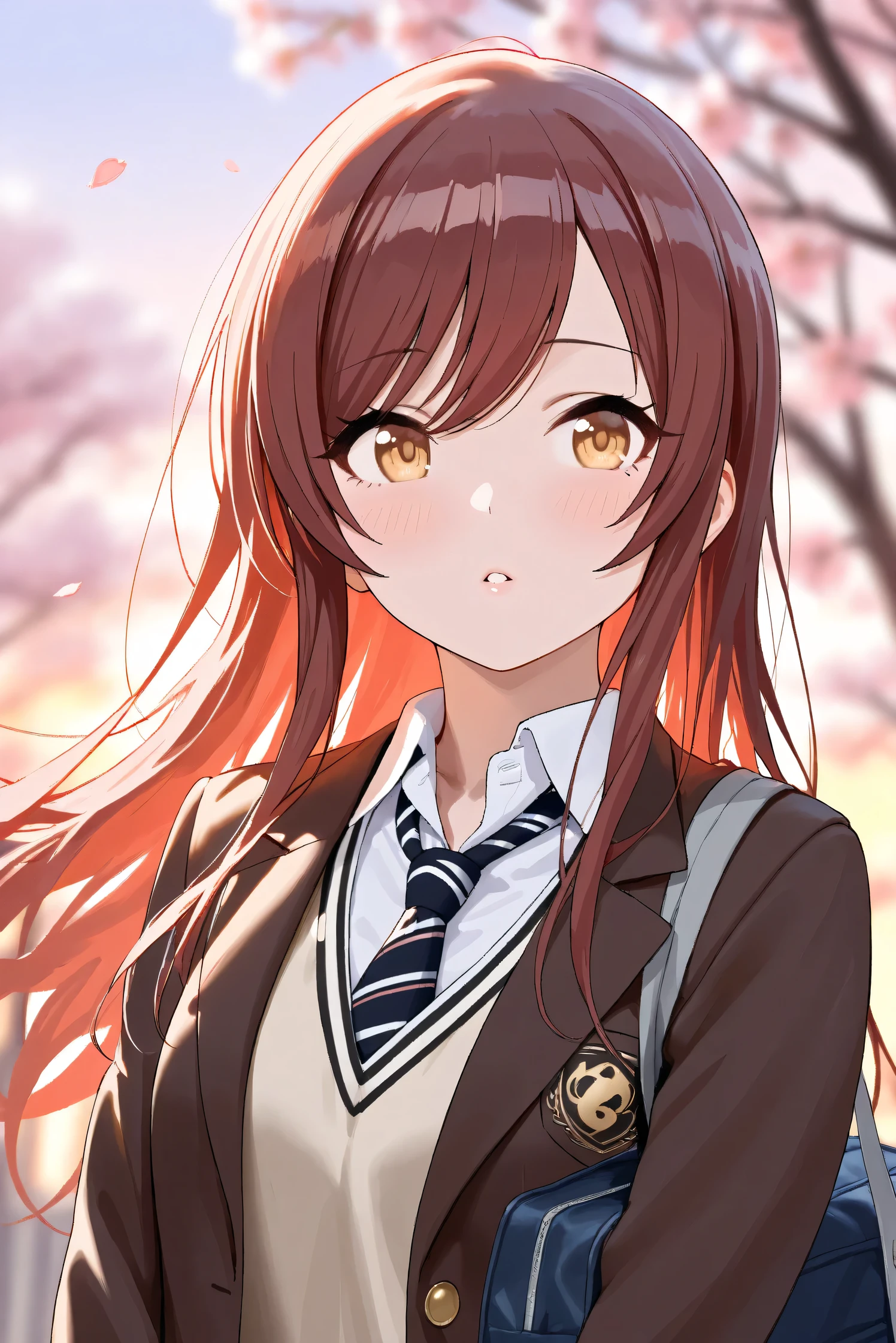 (Masterpiece), (Highest quality), (Very detailed),
(The best shape), (Best Shadow), (Absurd),
(Detailed background), (So beautiful), Shiny ,
Extraordinary, Countershading, 8k, 32K, High resolution, Beautiful eyes in every detail,
Very Detailed CG, UHD,
Score_9, Score_8_up, Score_7_up, Source_anime,
(Pastel painting:1.2), (Watercolor painting:1.2),
(Masterpiece, Detailed:1.2), (Foreshortening:1.2),
Cinematic, Dramatic, (Depth of field:1.4),
(Blurry background:1.4), (Realistic background:1.4),
Dynamic angle, 1 girl,
Outdoor, Spring, (Cherry blossoms:0.8), (Evening:1.2),
Wind, Nature,
Osaki Amana,
the idolmaster shiny colors,
amanaosaki,
red hair, brown hair, yellow eyes,
(School uniform:1.3),
Blazer, Brown blazer,
Sweater, Khaki sweater,
formal shirt, White collar shirt, tie, black tie,
School bag,
Portrait, Focus on face,
(Blush:1.3), Parted lips,
Realistic skin, Shiny skin,