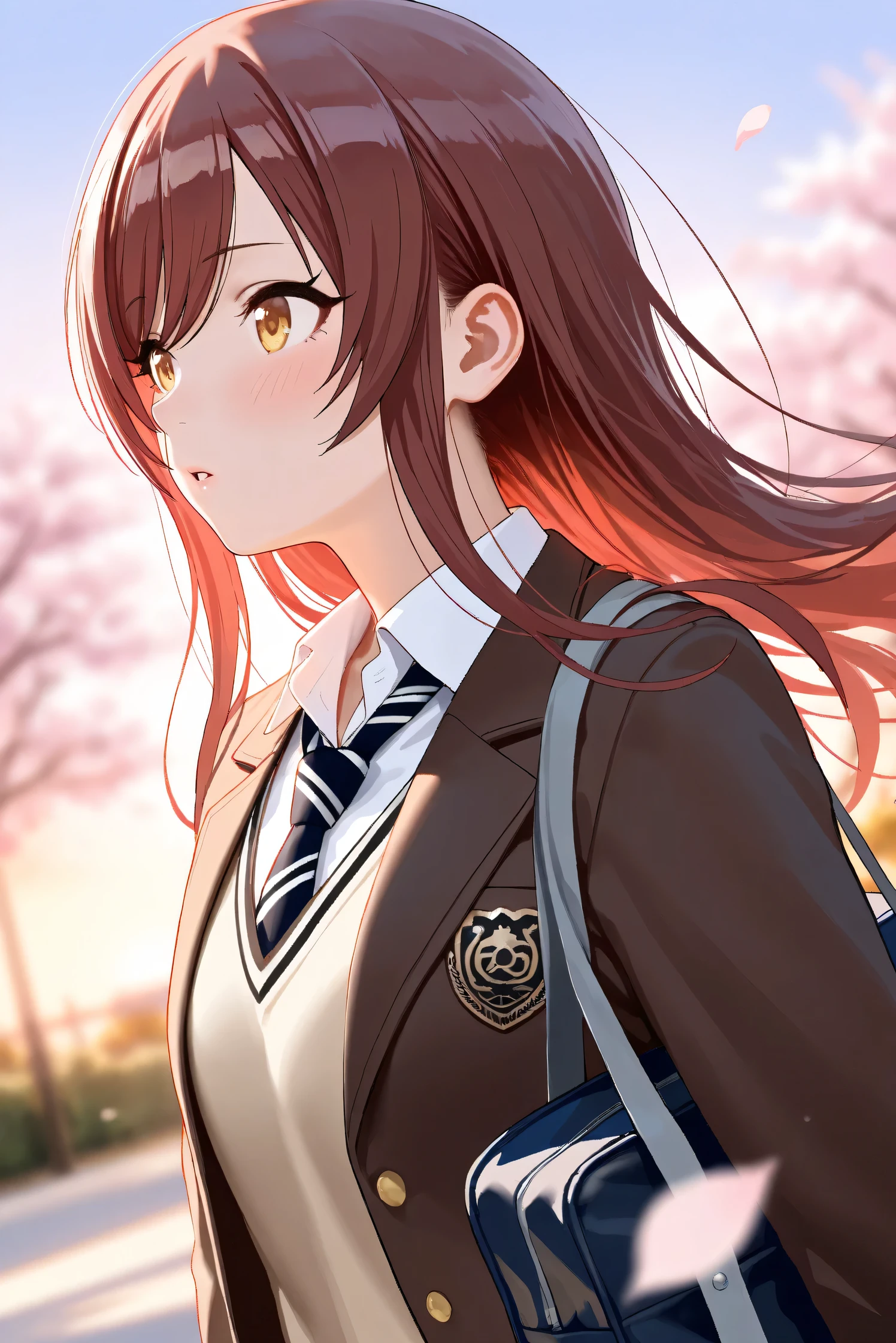 (Masterpiece), (Highest quality), (Very detailed), 
(The best shape), (Best Shadow), (Absurd), 
(Detailed background), (So beautiful), Shiny , 
Extraordinary, Countershading, 8k, 32K, High resolution, Beautiful eyes in every detail,
Very Detailed CG, UHD,

Score_9, Score_8_up, Score_7_up, Source_anime, 
(Pastel painting:1.2), (Watercolor painting:1.2),
(Masterpiece, Detailed:1.2), (Foreshortening:1.2),

Cinematic, Dramatic, (Depth of field:1.4),
(Blurry background:1.4), (Realistic background:1.4),
Dynamic angle, 1 girl,
Outdoor, Spring, (Cherry blossoms:0.8), (Evening:1.2),
Wind, Nature,

Osaki Amana,
the idolmaster shiny colors,
amanaosaki,
red hair, brown hair, yellow eyes,

(School uniform:1.3),
Blazer, Brown blazer,
Sweater, Khaki sweater,
formal shirt, White collar shirt, tie, black tie,
School bag,

Portrait, Focus on face, 
(Blush:1.3), Parted lips,
Realistic skin, Shiny skin,