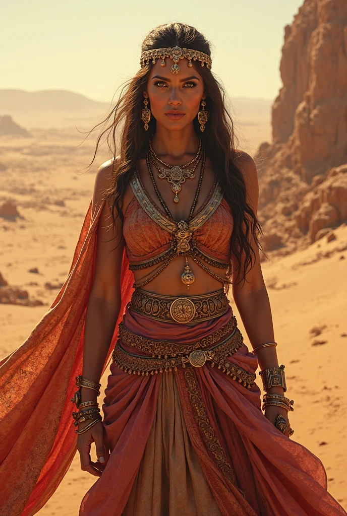 hyper ultra realistic photographs full body of A fierce desert warrior, her face painted with intricate markings, stands alone against a sandstorm, her scimitar glinting in the dying light. ratio 16:9, 4k, 8k resolution, High quality photo, high detailed images