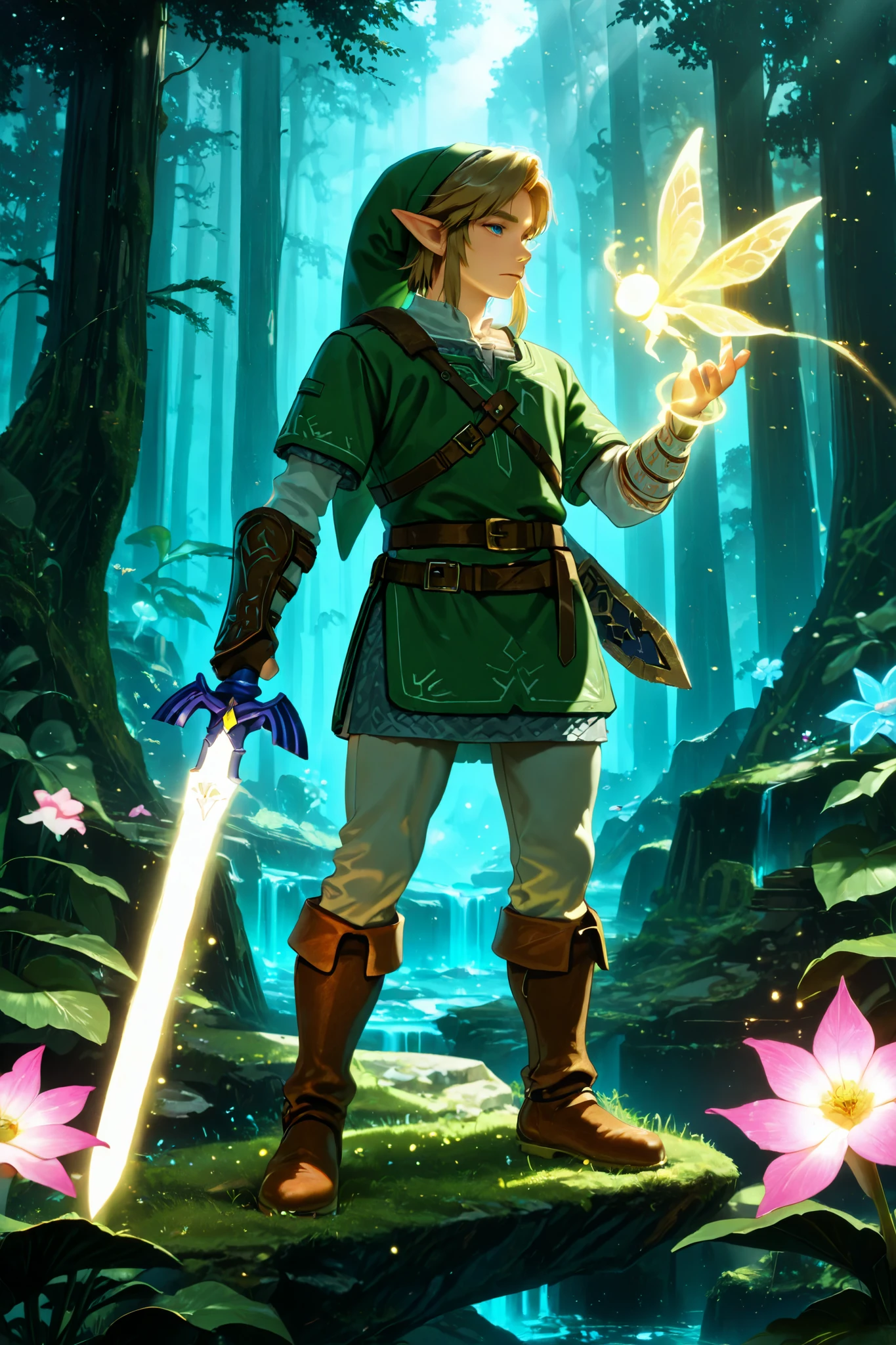 (Link:1.3) in his iconic green tunic, gripping the Master Sword, standing in a mystical ancient glade. A glowing Zelda-style fairy flutters nearby, casting soft golden light, while a small Korok peeks from behind a moss-covered stone. The air shimmers with magic, bioluminescent plants glow faintly, and ancient ruins loom in the background. A gentle mist swirls through the enchanted forest.
Cinematic, ultra-detailed, photorealistic, ethereal, high fantasy, magical, legendary, serene yet mystical.; masterpiece,best quality,newest,absurdres,highres,very awa, ((4k,8k,Ultra HD)),((Masterpiece :1.2)),((Best quality :1.2)),((Detailed :1.5)),((Detailed background :1.5))