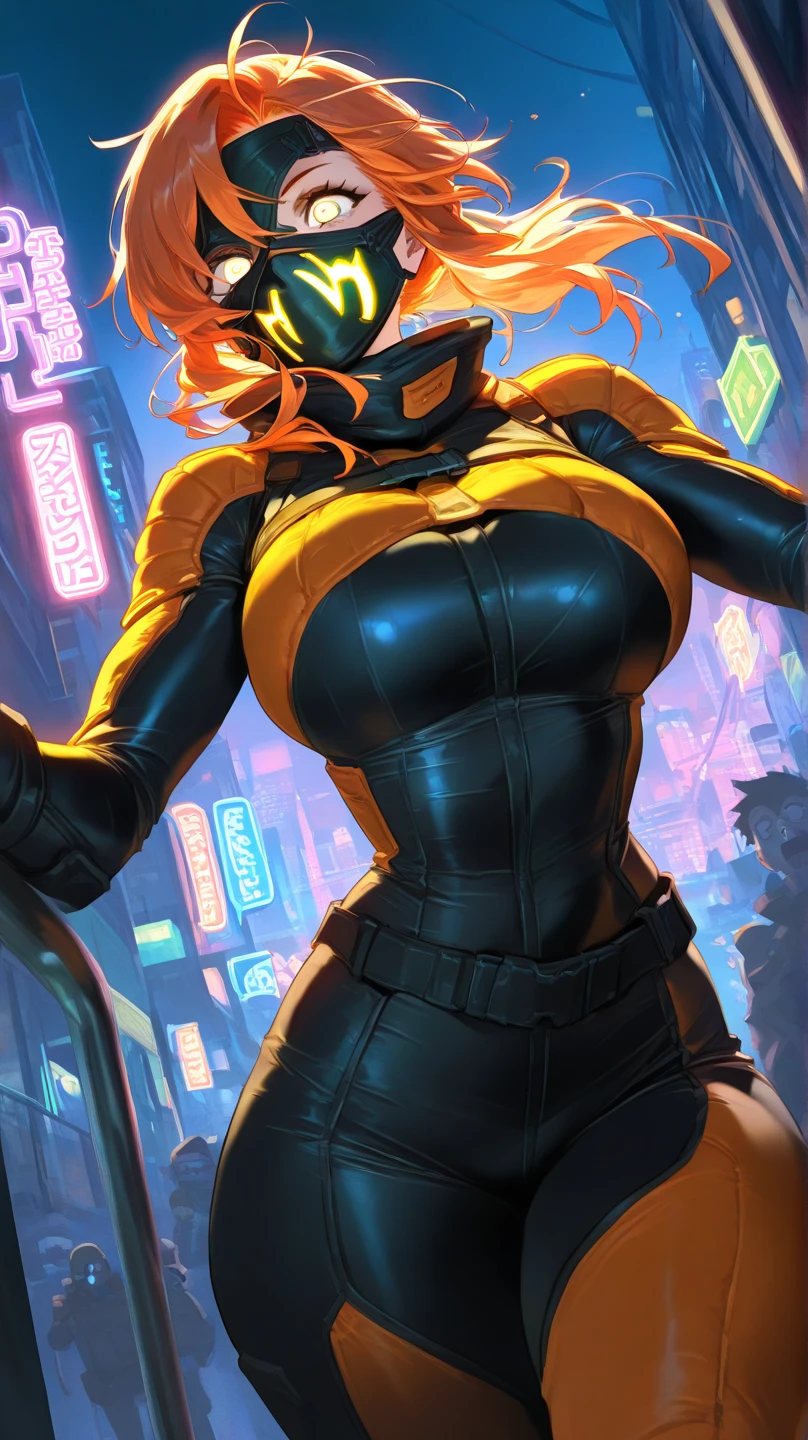 An amazing illustration of a 20 yo cyborg girl in a nighttime back alley setting with no lights, wearing a translucent iridescent bodysuit, form-fitting metallic skirt, slender figure, air of confidence, sleek black wavy hair, green eyes, blush adorns on metallic skin, woven slides, straw fedora hat, night, best shadow, huge cute robot, evil