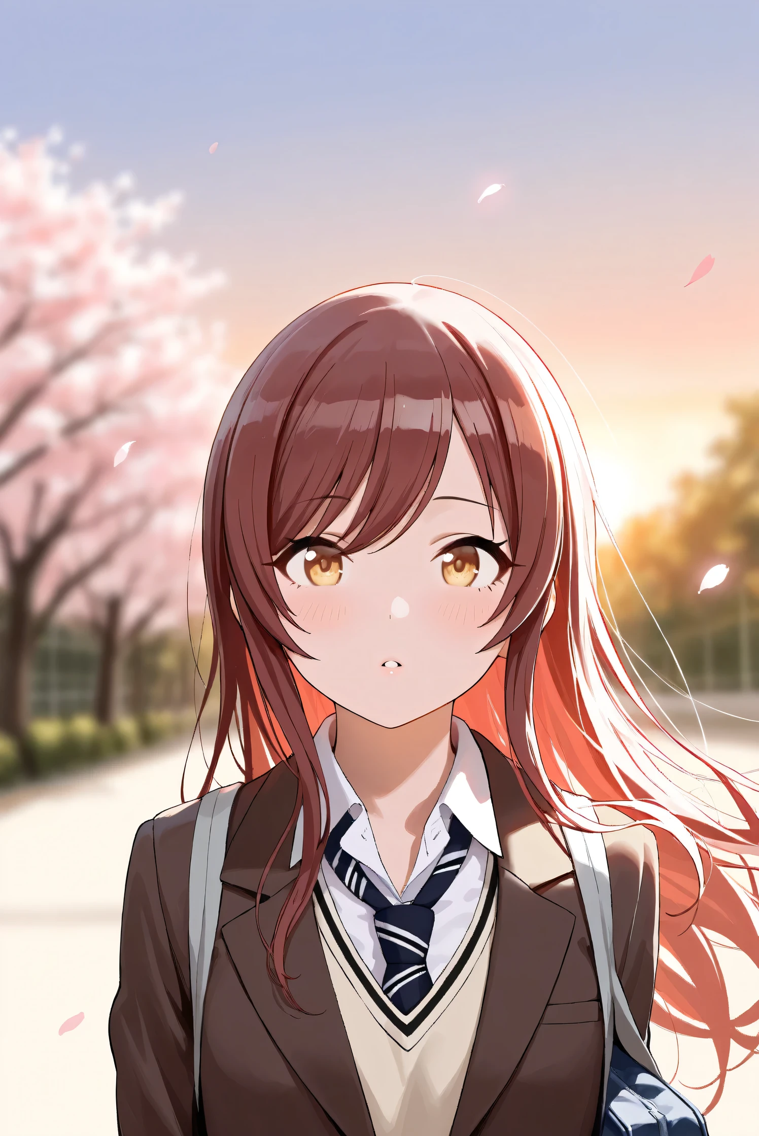 (Masterpiece), (Highest quality), (Very detailed),
(The best shape), (Best Shadow), (Absurd),
(Detailed background), (So beautiful), Shiny ,
Extraordinary, Countershading, 8k, 32K, High resolution, Beautiful eyes in every detail,
Very Detailed CG, UHD,
Score_9, Score_8_up, Score_7_up, Source_anime,
(Pastel painting:1.2), (Watercolor painting:1.2),
(Masterpiece, Detailed:1.2), (Foreshortening:1.2),
Cinematic, Dramatic, (Depth of field:1.4),
(Blurry background:1.4), (Realistic background:1.4),
Dynamic angle, 1 girl,
Outdoor, Spring, (Cherry blossoms:0.8), (Evening:1.2),
Wind, Nature,
Osaki Amana,
the idolmaster shiny colors,
amanaosaki,
red hair, brown hair, yellow eyes,
(School uniform:1.3),
Blazer, Brown blazer,
Sweater, Khaki sweater,
formal shirt, White collar shirt, tie, black tie,
School bag,
Portrait, Focus on face,
(Blush:1.3), Parted lips,
Realistic skin, Shiny skin,