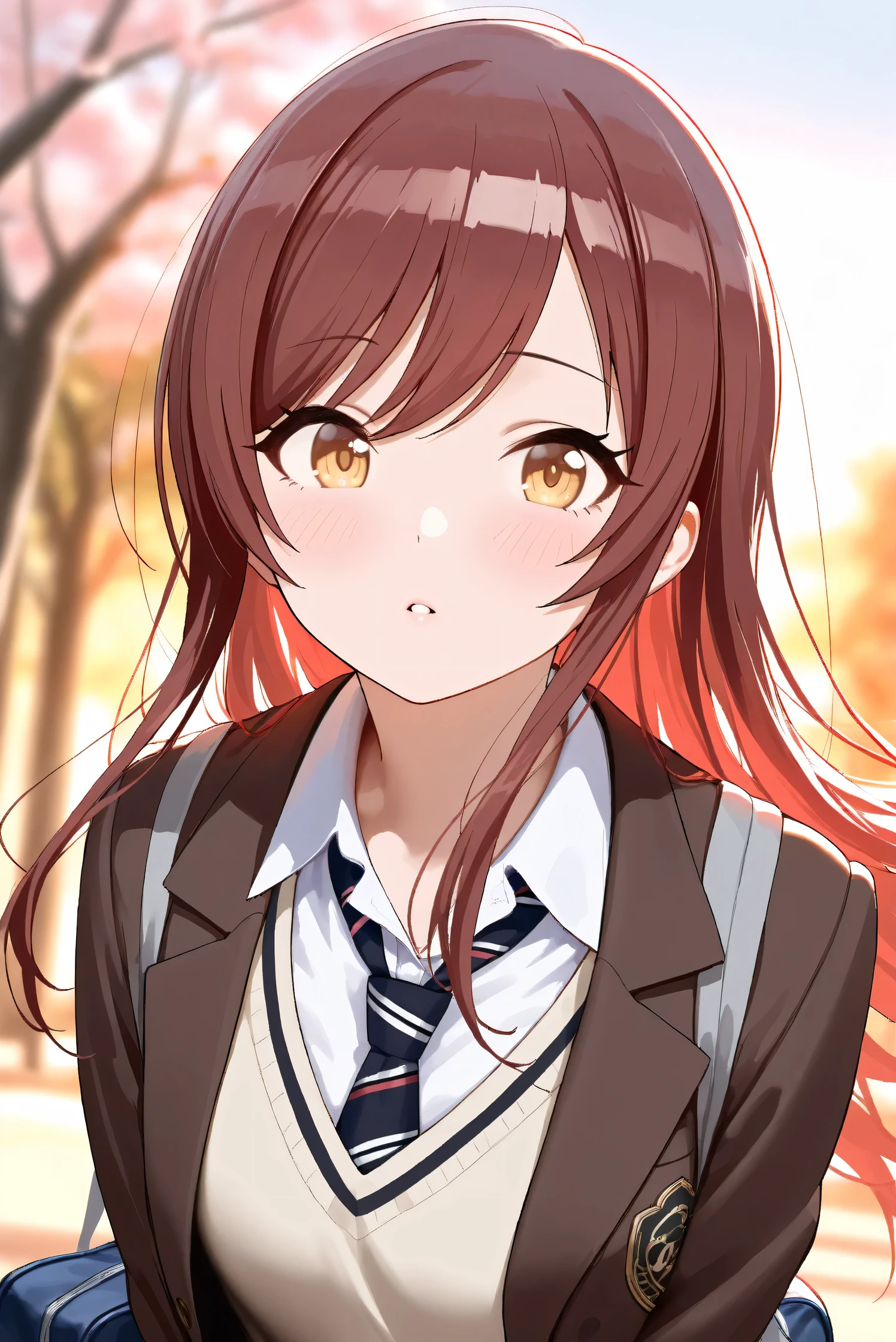 (Masterpiece), (Highest quality), (Very detailed),
(The best shape), (Best Shadow), (Absurd),
(Detailed background), (So beautiful), Shiny ,
Extraordinary, Countershading, 8k, 32K, High resolution, Beautiful eyes in every detail,
Very Detailed CG, UHD,
Score_9, Score_8_up, Score_7_up, Source_anime,
(Pastel painting:1.2), (Watercolor painting:1.2),
(Masterpiece, Detailed:1.2), (Foreshortening:1.2),
Cinematic, Dramatic, (Depth of field:1.4),
(Blurry background:1.4), (Realistic background:1.4),
Dynamic angle, 1 girl,
Outdoor, Spring, (Cherry blossoms:0.8), (Evening:1.2),
Wind, Nature,
Osaki Amana,
the idolmaster shiny colors,
amanaosaki,
red hair, brown hair, yellow eyes,
(School uniform:1.3),
Blazer, Brown blazer,
Sweater, Khaki sweater,
formal shirt, White collar shirt, tie, black tie,
School bag,
Portrait, Focus on face,
(Blush:1.3), Parted lips,
Realistic skin, Shiny skin,