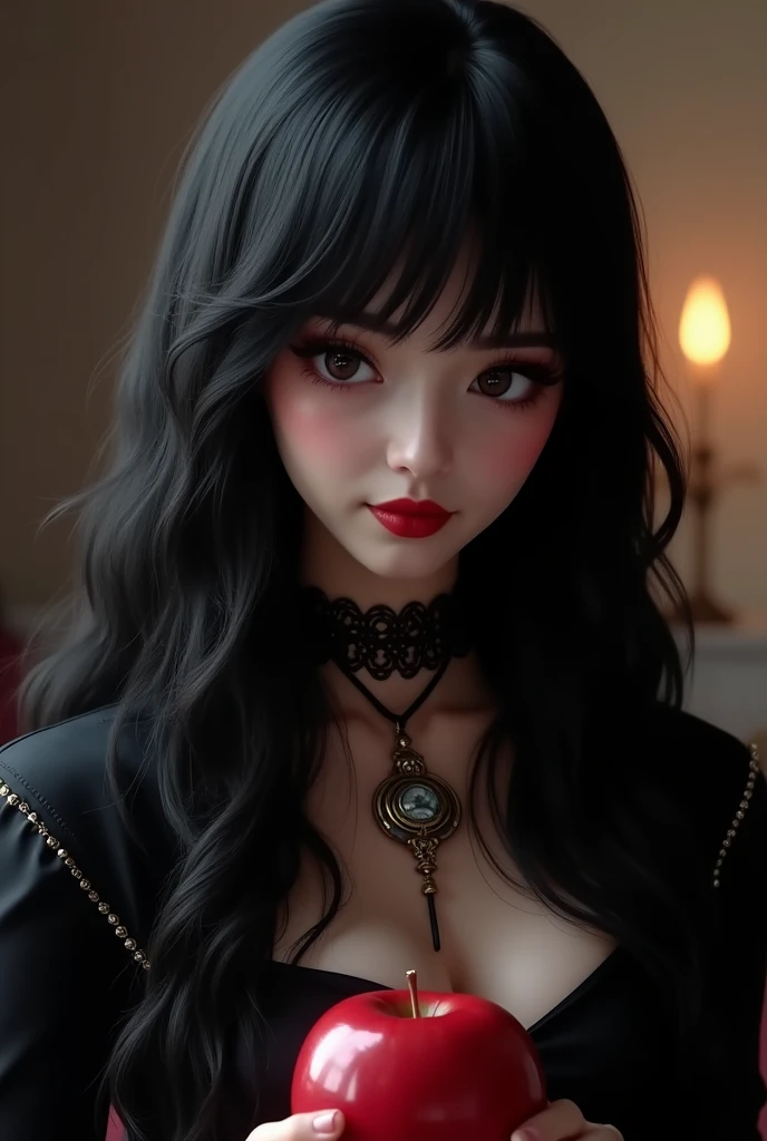 sfw, close-up, cute, gothic girl, long black hair, fringe, eyeliner, white pale skin, black lipstick, small breasts