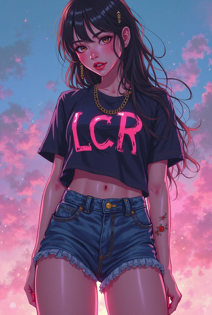 score_9, score_8_up, tied-up cropped shirt, slim jeans, high-top sneakers, small breasts, two-tone hair (brown hair, black tip)), curly hair, halo, sunglasses, jewelry, red eyes, longeyelashes, red eyes, smile, shy, blush, pose