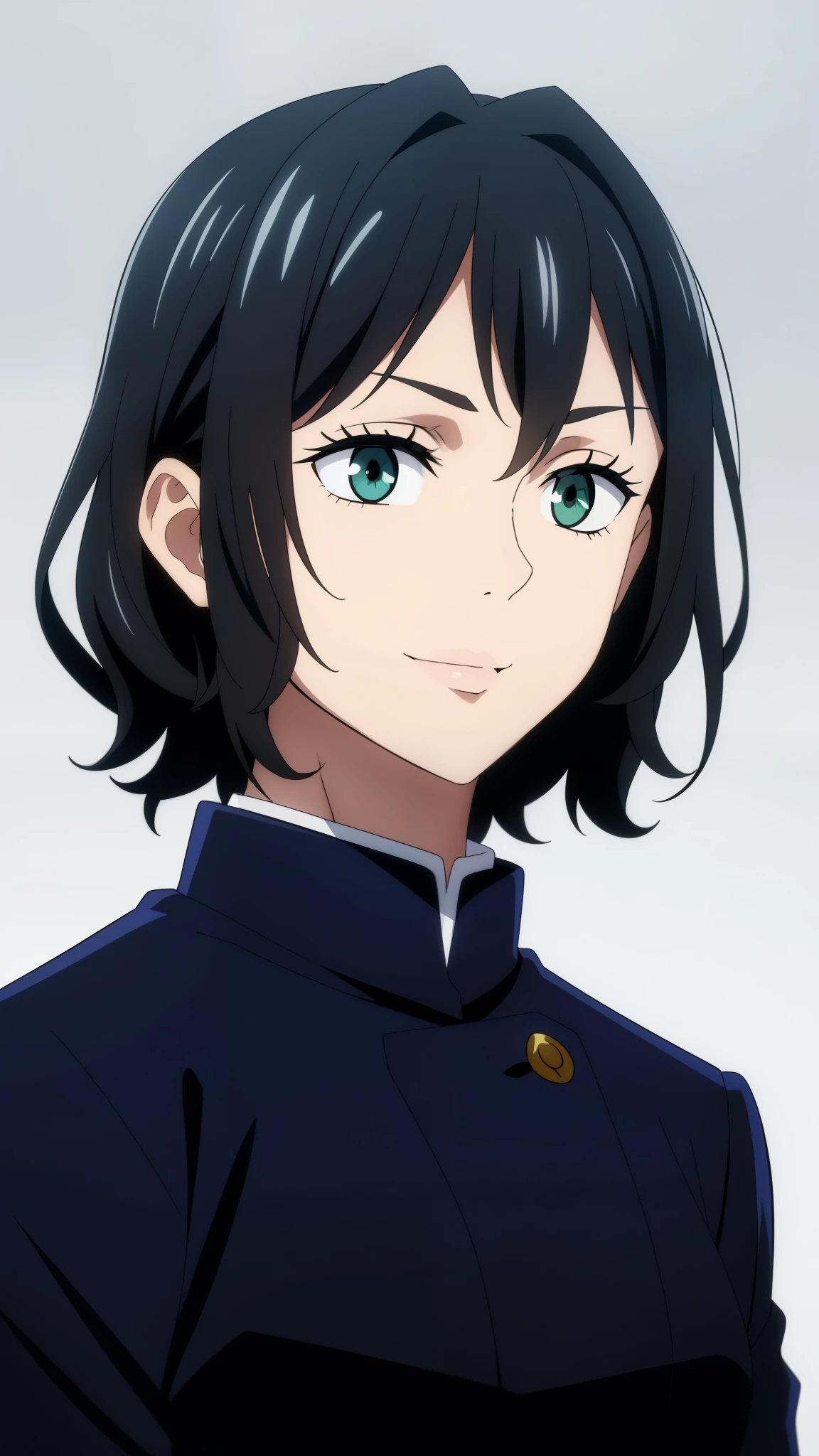 (high-quality, breathtaking),(expressive eyes, perfect face) 1girl, female, solo, ager, black hair, bright meadow green eye color, medium hair length, looking at viewer, half body, bright smile, kind face, cheerful expression, slightly tanned skin, dark black blue long sleeved shirt, collared shirt, dark black blue pants, jujutsu kaisen uniform, jujutsu high school uniform, flowy hair, feminine face, wavy curly hair, grey background, portrait, Elysia inspired hairstyle, small sunflower, stylized hairstyle