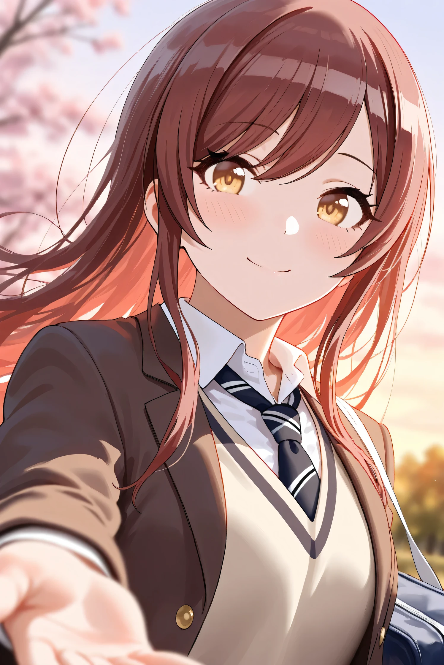 (Masterpiece), (Highest quality), (Very detailed), 
(The best shape), (Best Shadow), (Absurd), 
(Detailed background), (So beautiful), Shiny , 
Extraordinary, Countershading, 8k, 32K, High resolution, Beautiful eyes in every detail,
Very Detailed CG, UHD,

Score_9, Score_8_up, Score_7_up, Source_anime, 
(Pastel painting:1.2), (Watercolor painting:1.2),
(Masterpiece, Detailed:1.2), (Foreshortening:1.2),

Cinematic, Dramatic, (Depth of field:1.4),
(Blurry background:1.4), (Realistic background:1.4),
Dynamic angle, 1 girl,
Outdoor, Spring, (Cherry blossoms:0.8), (Evening:1.2),
Wind, Nature,

Osaki Amana,
the idolmaster shiny colors,
amanaosaki,
red hair, brown hair, yellow eyes,

(School uniform:1.3),
Blazer, Brown blazer,
Sweater, Khaki sweater,
formal shirt, White collar shirt, tie, black tie,
School bag,

Portrait, Focus on face, 
(Blush:1.3), Smile, Happy,
Realistic skin, Shiny skin,