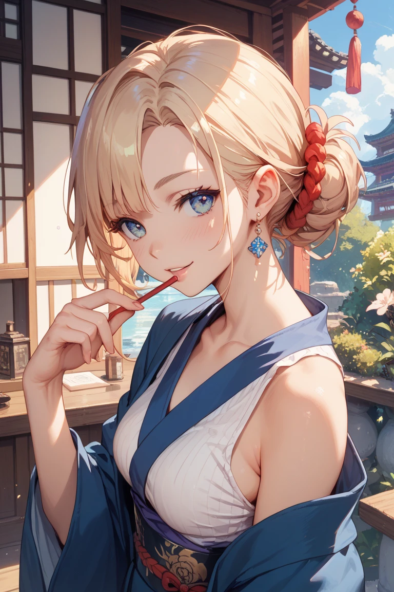 (beautiful girl: 1.3),1girl,masterpiece, Highest quality, Ultra-high resolution,Rich contrast,super high quality,8k,Highly detailed CG unit wallpaper,texture,Unbelievably absurd,Ultra-high resolution,RAW Photos,Depth of Field 1.2,double buns,blonde,Light blue eyes,(Beautiful and detailed kimono),blush,White skin,blonde,Long Hair,Beautiful glossy lips,pinup
