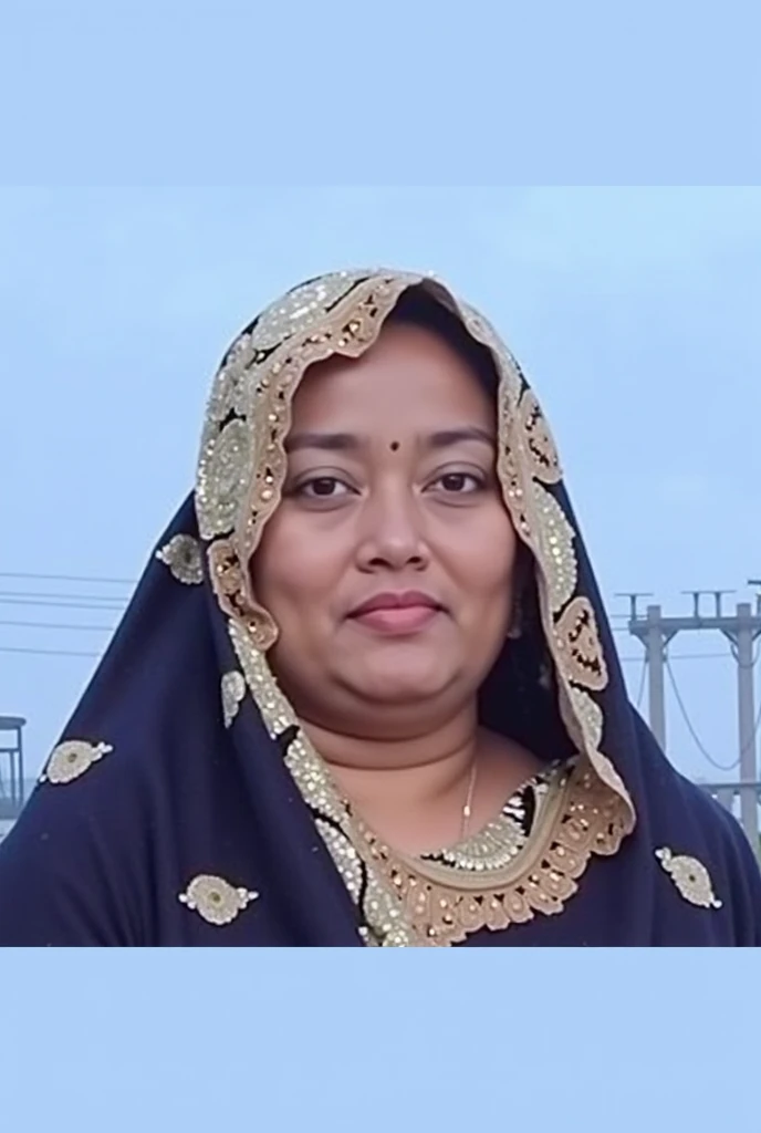 a close up of a indian housewife woman, no makeup professionally color graded, professionally restored picture, ocean blue solid color background