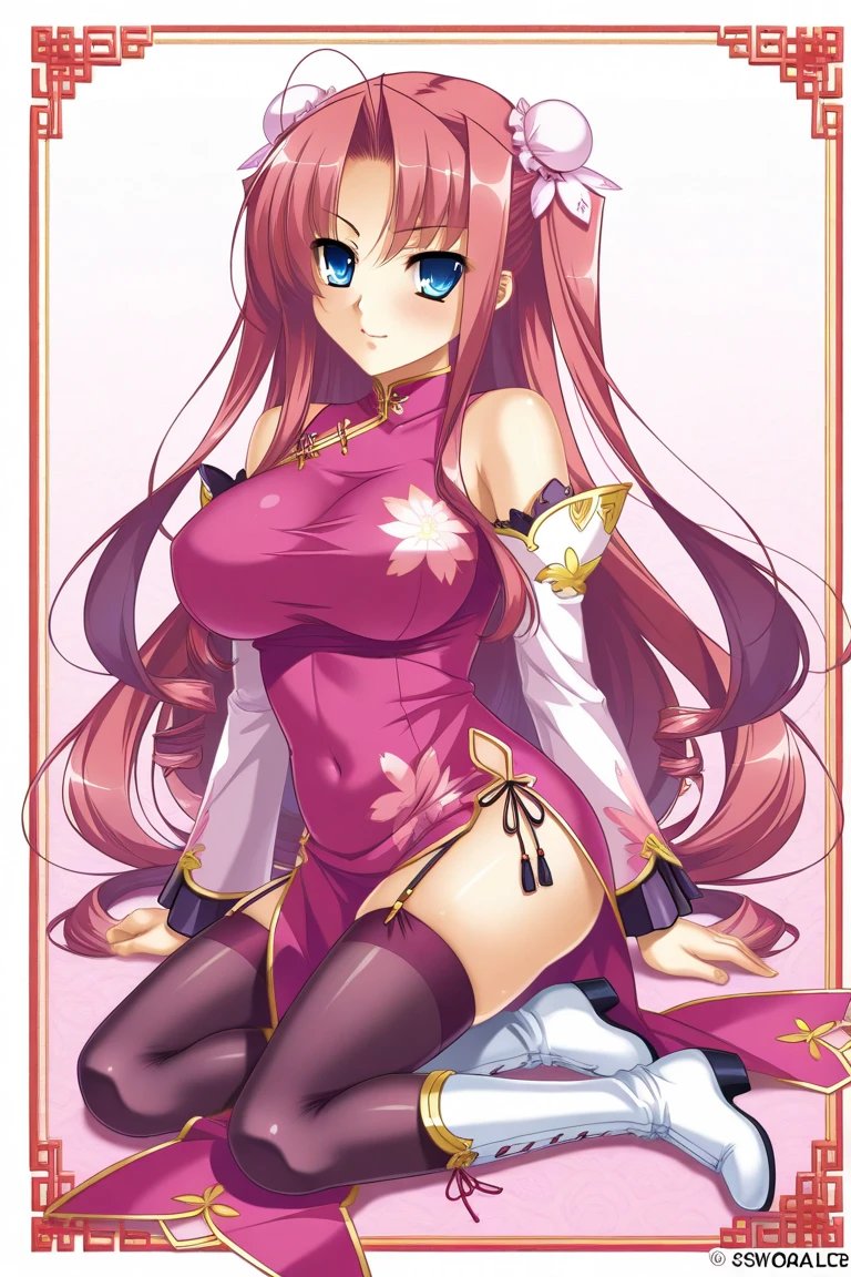 masterpiece,Beautiful adult woman ,Megurine Luka,E cup breasts,Pink long hair,blue eyes,headphone,Chinese clothing,smile,Seduce by showing sexy panties,sit,Bedroom,