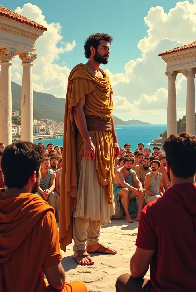 Galeno, a male physician, with an authoritative stance, wearing a toga and leather sandals, standing before a group of students in an open courtyard, passionately lecturing about his contributions to medicine, wide shot, hyper-realistic, photo realistic, cinematography ar—9:16.