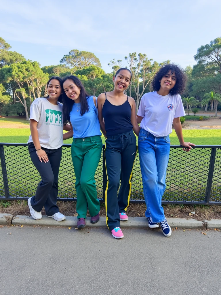 Create a highly realistic very close-up scene set in a picturesque park in Italy, featuring a 13-year-old Italian teenage girl explaining a lesson to four younger children girls on a park bench.
The 13-year-old girl stands confidently next to a wooden bench in the park, wearing a stylish outfit: a T-shirt tied at the waist showing her midriff and colorful shorts. She has shoulder-length brown hair tied in a ponytail and her expression is focused and engaging as she gestures with her hands, explaining the lesson.
Sitting on the bench are four younger girls, aged between 7 and 9, who listen attentively to the older one. They wear casual summer clothes, with colorful T-shirts and shorts, and their expressions range from curious to excited. Some have notebooks or small tablets on their laps, taking notes or following the lesson.
The park setting is lush and inviting, with tall trees providing shade and a backdrop of well-tended gardens and walking paths. The sun filters through the leaves, casting a dappled light on the scene, and a light breeze rustles the leaves, helping to create a serene atmosphere.
In the background, other park visitors can be seen walking, jogging or sitting on other benches, enjoying the good weather. A nearby fountain adds the soft, soothing sound of flowing water to the ambience.
This scene captures the essence of a peaceful, educational moment in a beautiful Italian park, with the teenager confidently leading the lesson and the younger girls participating enthusiastically. The detailed environment and engaging interaction between the girls create a realistic and heartwarming image, highlighting the joy of learning in a serene outdoor environment