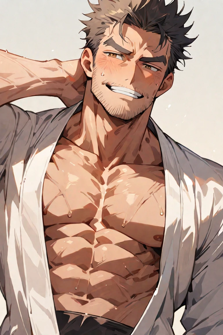 Toji Fushiguro. anime guy with no shirt and no shirt on holding a jacket, [ adamantly defined abs ]!!, [ rigidly defined abs ]!!, muscular!!, prefect body, muscular!!!, abs, with abs, muscular body, ripped, lean and muscular, super buff and cool, lean but muscular, bare chest, perfect and proportional body, muscular!