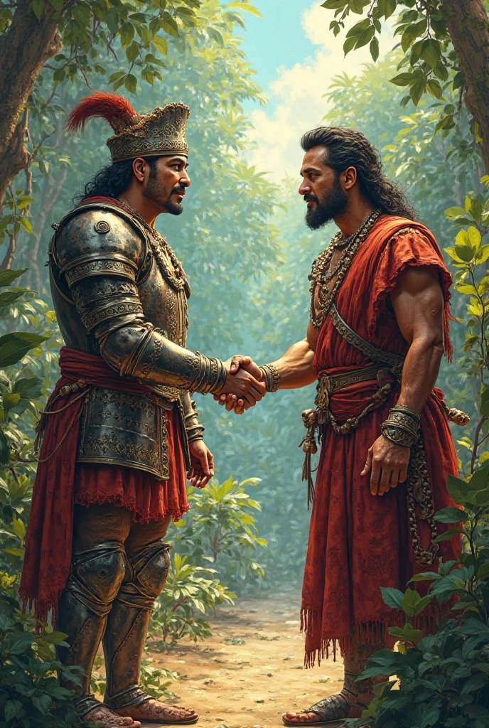 Spanish conquistador leader and indigenous tribe seal peace with a handshake