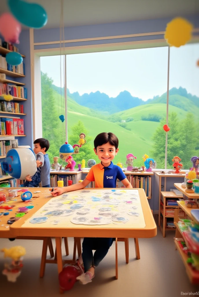 (photorealistic, highres:1.2), 10-year-old ??? Drawing at Home, detailed fingers, blue Sofa, simple house, multiple game posters on the background, brunette child, happy expression