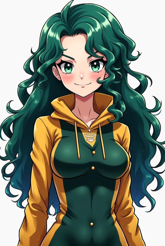 a cartoon picture of a woman with a green bandana and green scouter from dragonball, wearing no clothes, long wavy hair, saiyan girl