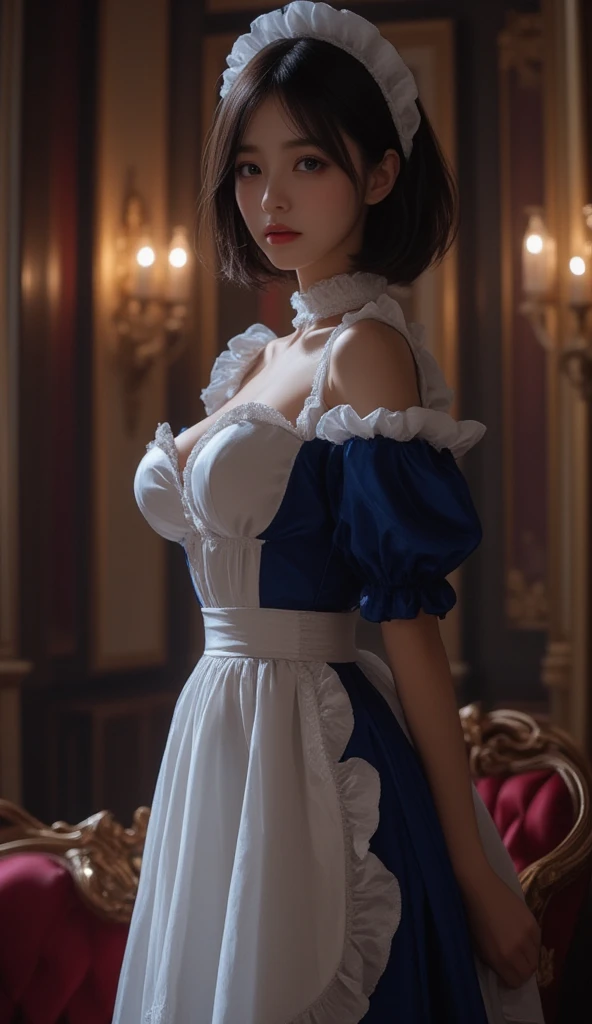 1girll，Blue half-covered half-covered short hair，Light blue eyes，Big eyes，Lori huge breasts cleavage，toddlers，gentleness，Black and white Lolita，the maid outfit，Lace white stockings，Look into the camera，Behind you is the rose garden，tmasterpiece，k hd --auto