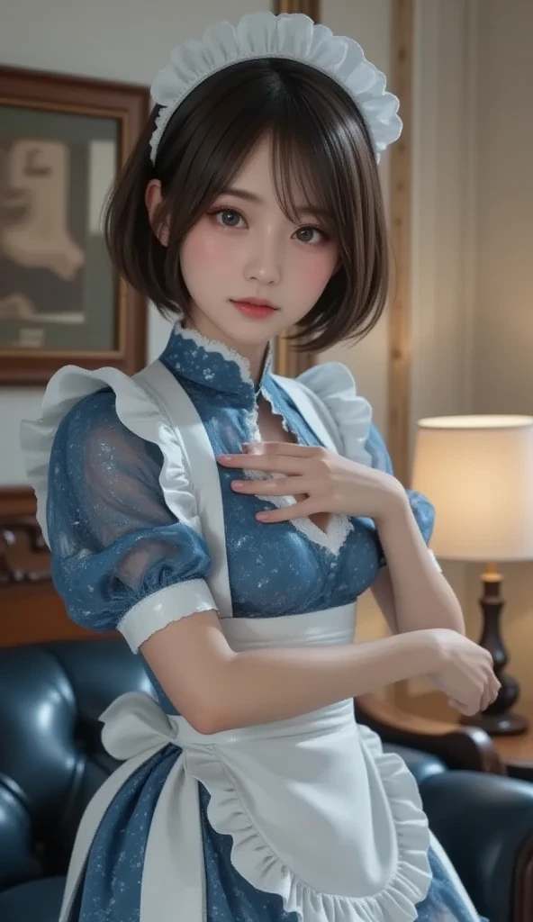 ((((highest quality))))、(((Ultra-precision CG16K wallpaper)))、(((masterpiece)))、(((Super detailed)))、(((Extreme detail)))、((１Mature 29 year old woman:1.6))、((Very beautiful Japanese faces))、((Kitagawa Keiko:1.5))、((Straight short bob hair、blunt bangs:1.5))、(Shiny brown hair)、Beautiful brown eyes、Clearly defined pupils and whites of the eyes、eyeliner、eye shadow、High nose、Small nostrils、Small Mouth、Seductive lips、Beautiful breasts、((C cup size breasts))、Cleavage、Beautiful feet、eight-headed body、Perfect proportions、Perfect Anatomy、Perfect composition、Beautiful detailed shading、Beautiful, natural lighting、Beautiful detail glow、Depth of written boundary、(((High chroma)))、(((Real:1.9)))、((vivid:1.5))、((Beautiful Skin))、((Skin Texture))、((Realな皮膚感))、(((Cowboy Shot:1.6)))、((Front view、shoot from front、Front low angle:1.6))、(((smile:1.6)))、((The woman is looking at this、looking at viewer、Facing forward:1.6))、Bright daylight、Natural light、(((Window、curtain:1.5)))、(Fashion model pose:1.6)、(((Light blue lace mini nightie:1.6)))、((hair band、choker、Wearing earrings:1.5))、(((Wearing knee socks:1.3)))、
