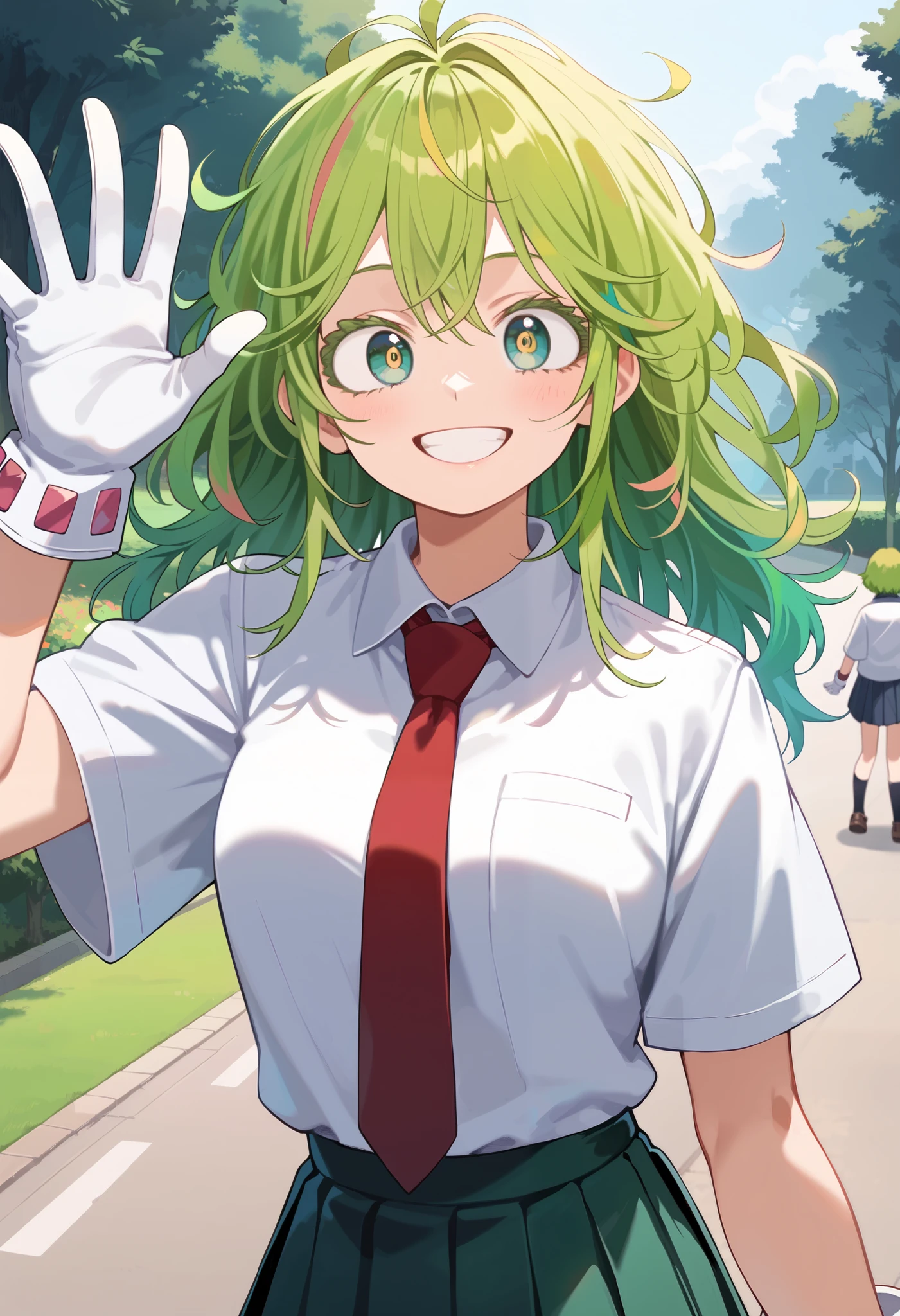score_9, score_8_up, score_7_up, source_anime,dutch angle, (highly detailed:1.3),anime colored, anime screencap, animated painting,upper body,smile,
hagakure tooru,green hair,green eyes,multicolored hair,long hair,messy hair,white shirt,red necktie,pleated skirt, school uniform,white gloves,(Waving hands:1.3),outdoors,park,Lawn,tree,