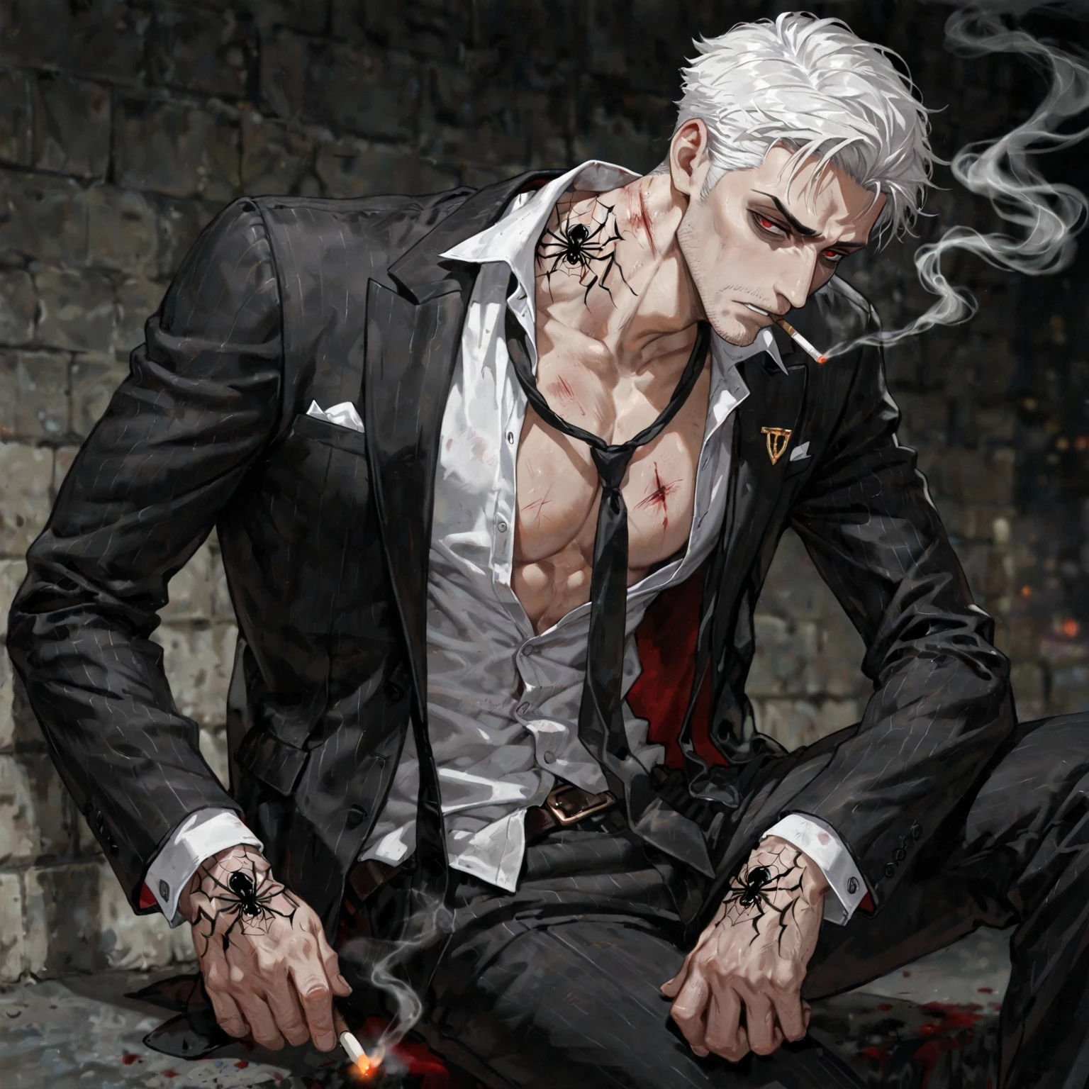 1 Boy , white hair , red eyes , Has a spider tattoo on his neck. , smoking , Bad Boy , wearing a black suit , injury , Masterpiece , best quality ,bloodstain , Handsomeness , Good skin , nonsense , cool , Has Alpha label , sit ,