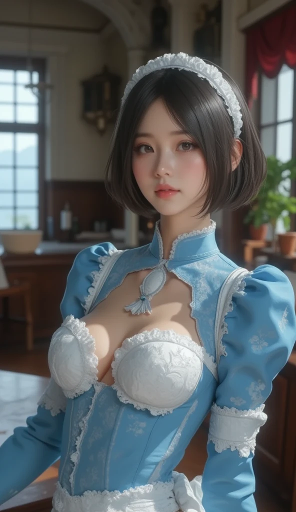 nsfw, sexy stylish Thai model, only 1 female, ((doll-like appearance)), short Mahogany stylish hair, ((shiny Victorian-Style boots)), (big smile), ultra detailed eyes, vivid eye makeup, lip-gloss, long lashes, defined eyebrows, ((sexy Paradise Kiss cosplay)), bell-shaped skirt, petticoats, high neckline, puffed sleeves, ((ultra detailed lace)), ((ultra detailed embroidery)), intricate details, Paradise Kiss accessoires and matching headpiece, choker, ((large sparkling Paradise Kiss jewelry)), cinematic light, detailed large park background with trees