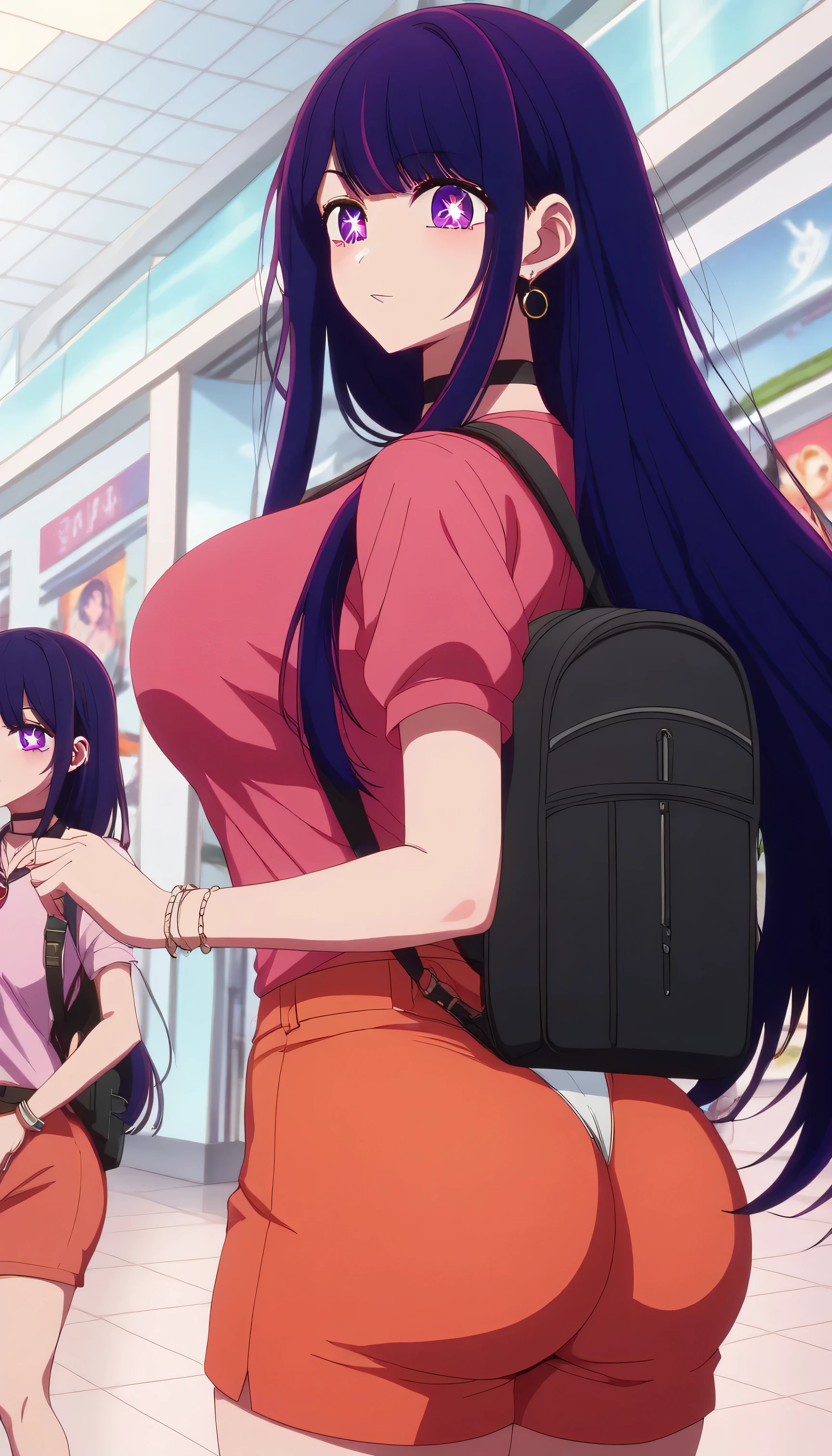 ((masterpiece、 best quality、 very detailed))、 one girl、ai hoshino, long hair, bangs, purple eyes, purple hair, symbol-shaped pupils, shirt, highs, orange shorts, backpack, pink shirt, blunt bangs, earrings, necktie, choker, bracelet, black choker, white thong, large breast, thicc thigh, thigh ass, huge ass, mall street