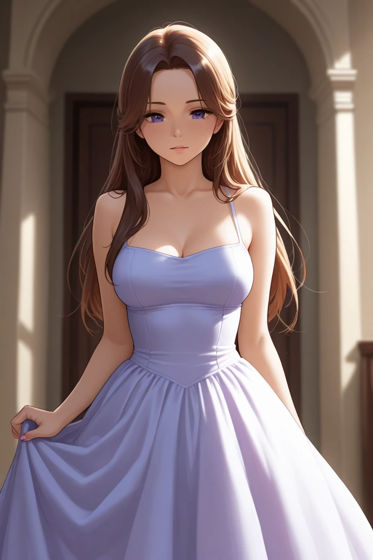 photorealistic, (4k), depth of field, (Masterpiece), (realistic skin texture), extremely detailed, intricate, hyper detailed, high resolution, professional photography, , depth of field, sharp detail, best quality, , 1girl, solo, <lora:claudia_synduality_noir:0.88>, claudia_synduality_noir, brown hair, purple eyes, long hair, ponytail, evening gown, , The Forest of Mirrors: A place where reality is distorted and nothing is as it seems, High resolution