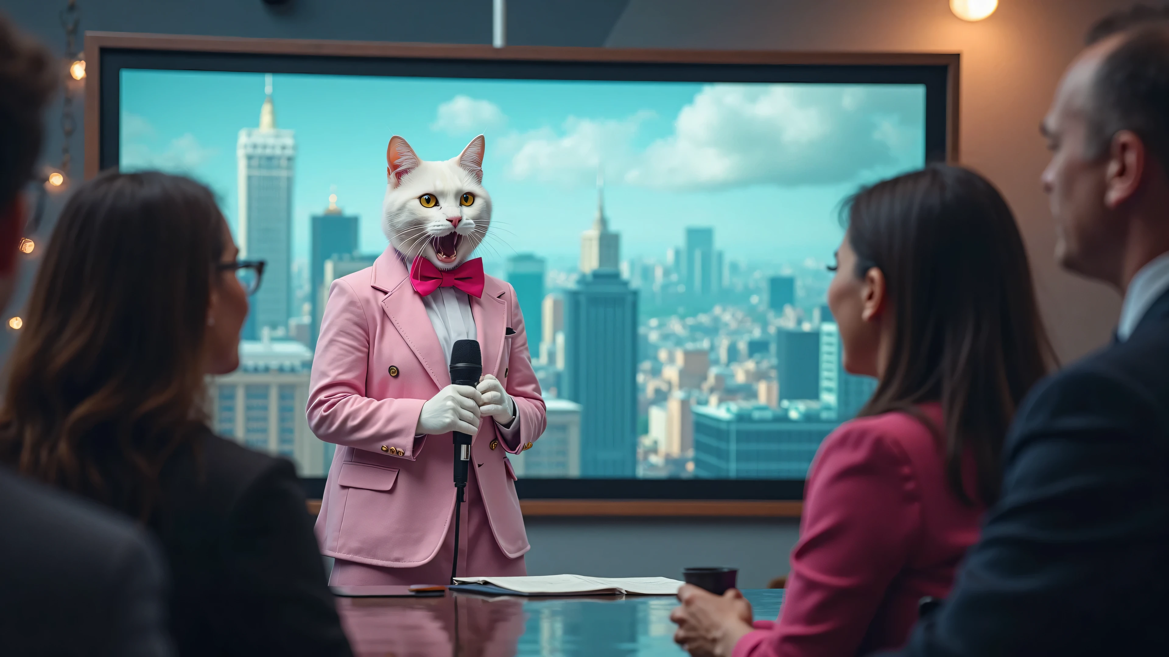 A surreal TV show scene comes to life with an unusual meteorologist: an elegant white female cat presenter, dressed to impress in a bright pink bow tie framed by a crowd of spectators who look at her and laugh. The female cat is big and proud, mouth open, addressing her audience with an air of sophistication, holding a microphone with her paws to interview the cameraman and standing in front of a giant screen showing full Geometric Optical Illusions.

The entire stage is lit up like a television, reminiscent of a comedy TV show, with an emphasis on capturing the beauty of the atmosphere and light of the scene. The urban landscape depicted on screen, with its subtle colors and unique details, could have been straight out of a fairy tale.

As the female cat presenter continues with her weather report, the camera, captures all the intricate details, bringing that surreal moment to the focus at a resolution of 16k.