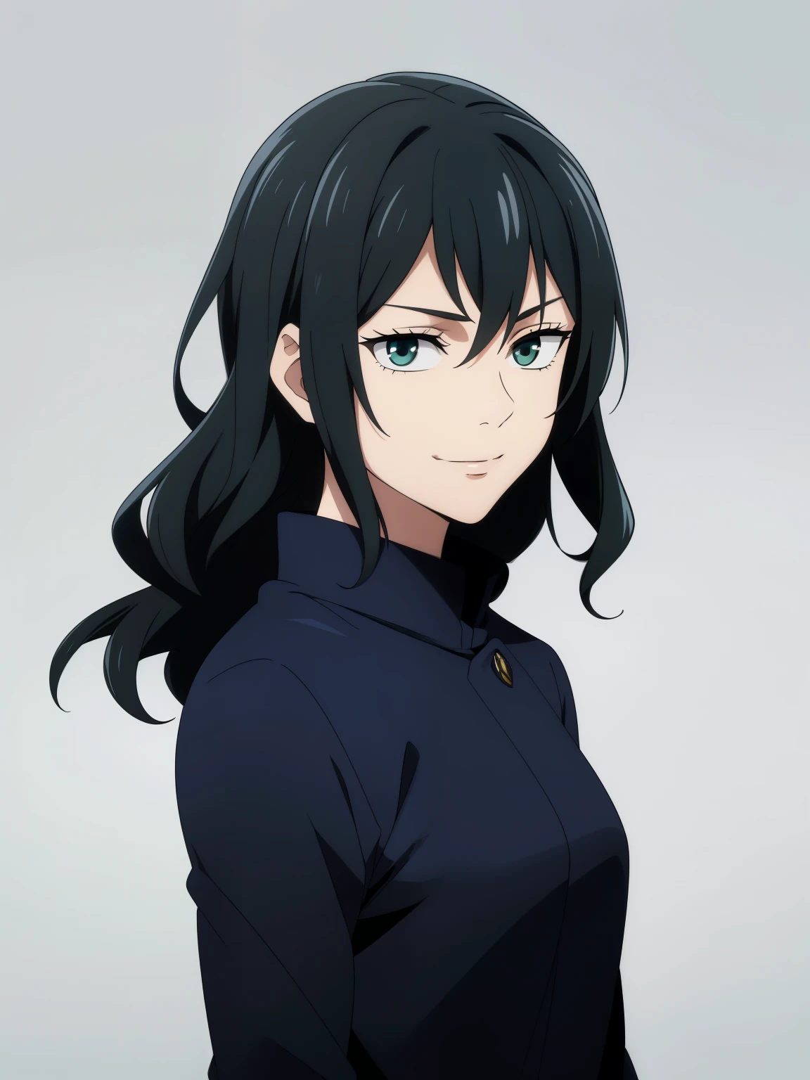 (high-quality, breathtaking),(expressive eyes, perfect face) 1girl, female, solo, ager, black hair, bright meadow green eye color, long hair length, looking at viewer, half body, bright smile, kind face, cheerful expression, slightly tanned skin, dark black blue long sleeved shirt, collared shirt, dark black blue pants, jujutsu kaisen uniform, jujutsu high school uniform, flowy hair, feminine face, wavy curly hair, grey background, portrait, Elysia inspired hairstyle, small sunflower, stylized hairstyle
