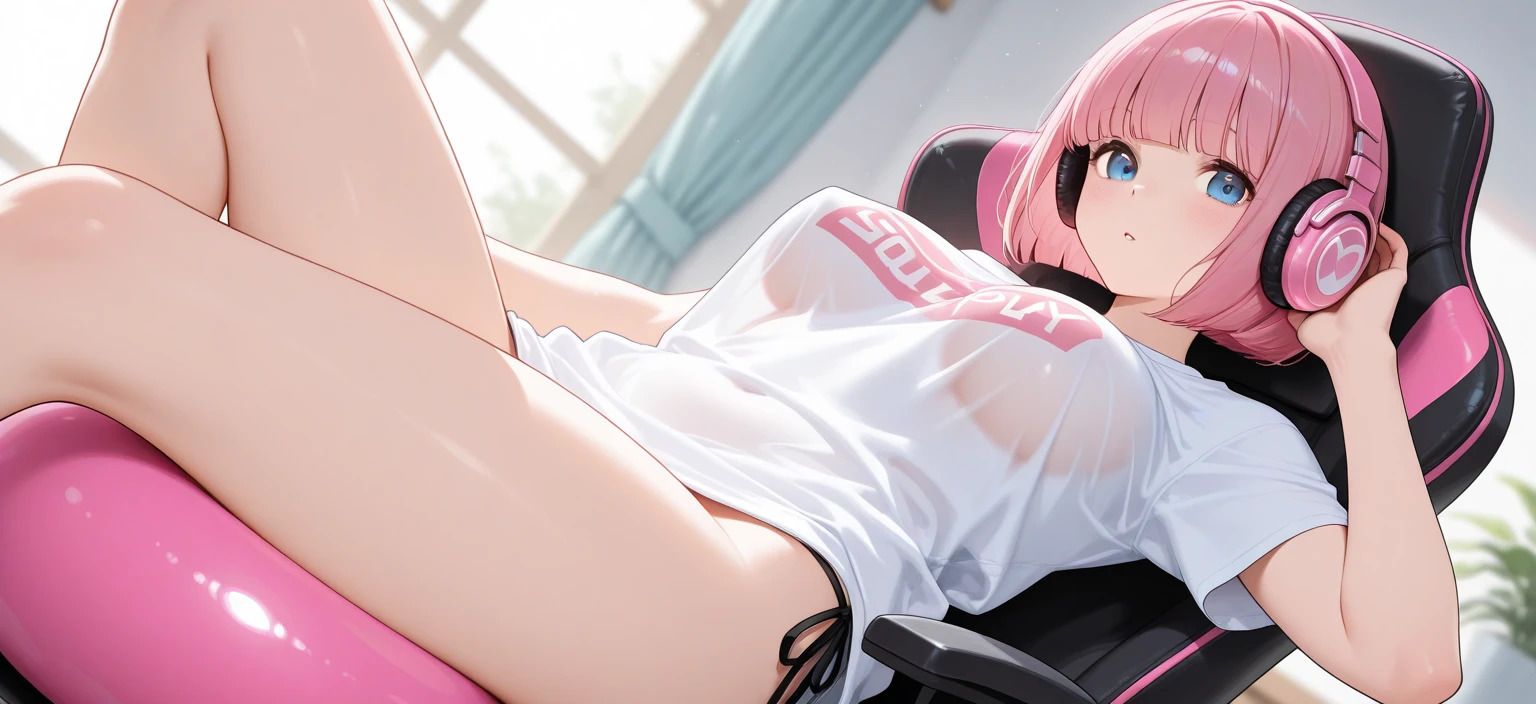 (Lie on the ground:1.2), 1 girl, alone, kujousaradef, nurse, ((blush:1.2)), hospital, indoor, Day, window, short hair, null, temple, looking at the viewer, stage, Mountain, moody lighting, ear piercing, big breasts, ((long slender legs)), ((thin waist)), nurse uniform, Pink denim shorts, stockings, nurse hat, pink nurse uniform, health room, Beautiful woman, The gesture of putting hair over your ears