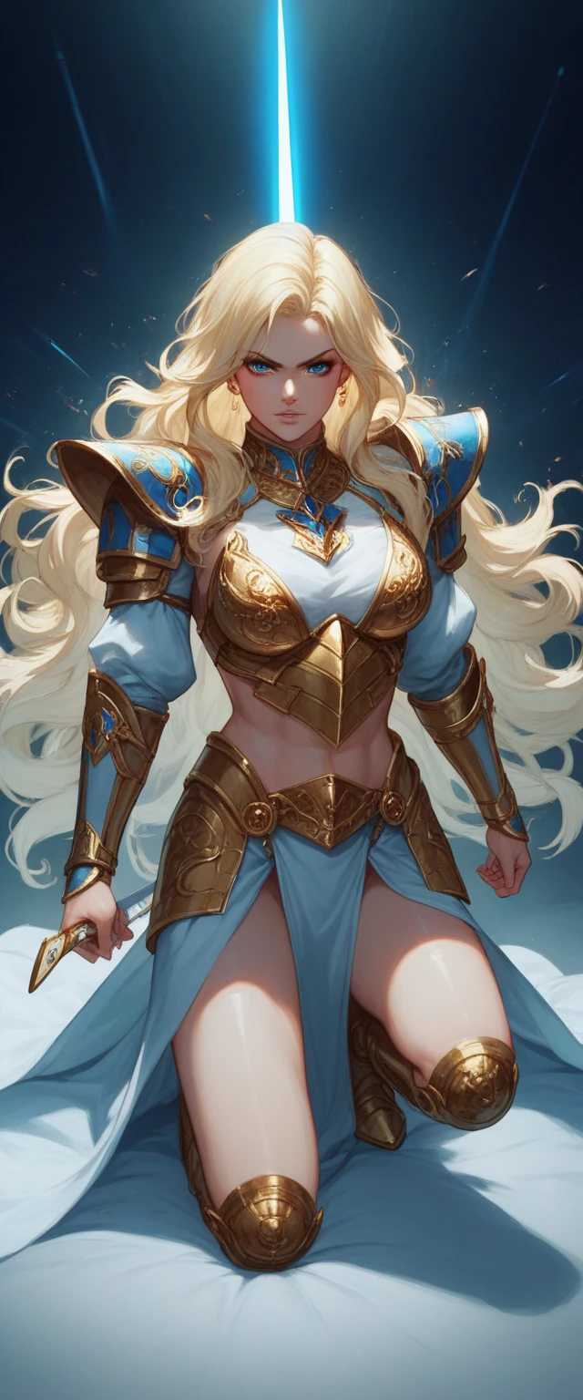 A beautiful woman, mysterious, ((((realistic oil art, 46-year-old Empress, fantasy, serious scene, vibrant look, (( Angel knight, shining knight, glowing knight, glowing armor, fine armor, intricate armor design, full body armor)), ((( soft gold details, silk, cinematic lighting, floating hair, sharp, prism)), 1girl, masterpiece, extremely detailed, (beautiful detailed glow), lens flare, golden flare lens, sun flare, clouds, backlighting, (glowing blue sky)
, light from behind, shadow on the figure, sparkling snow ,smile, laughter, standing in the distance, looking at the viewer, full-length
, elegance under the sun light, hair ornament, movement motion, image look alive, perfect body figure, very big breast, very big ass, beautiful face, milf, royal, blond color hair, silky hair, shining hair, shine eyes, golden eyes, ponytail long hair style, beautiful skin, Extremely details hair, fine details, cinematic lighting, beautiful lighting effect, creative design, full body frame, divine aura, hard harmony , moon light, perfect color transition, perfect balance of contrast, perfect color layer, perfectly smooth color blur, soft rendering, smooth color stroke, moon glare, optic lens, moonlight ray, soft colors, smooth colors blend, perfect color rendering, harmony, perfect color harmony, beautiful color, soft harmony, light particles, perfect details, intricate details, color prism, fine details, refine details, different view point, extremely details clothes))), Tachibana Omina art style, sharp eyes gaze, half a smile, slightly open mouth, a triumph expression, floating on the sky, stay on cloud, shining with a bright light, calm, breeze and sunlight, sun, clouds, butterflies in the sky, shining butterflies, realism, ((Best quality))),8k,((Masterpiece)),(Extremely refined and beautiful)