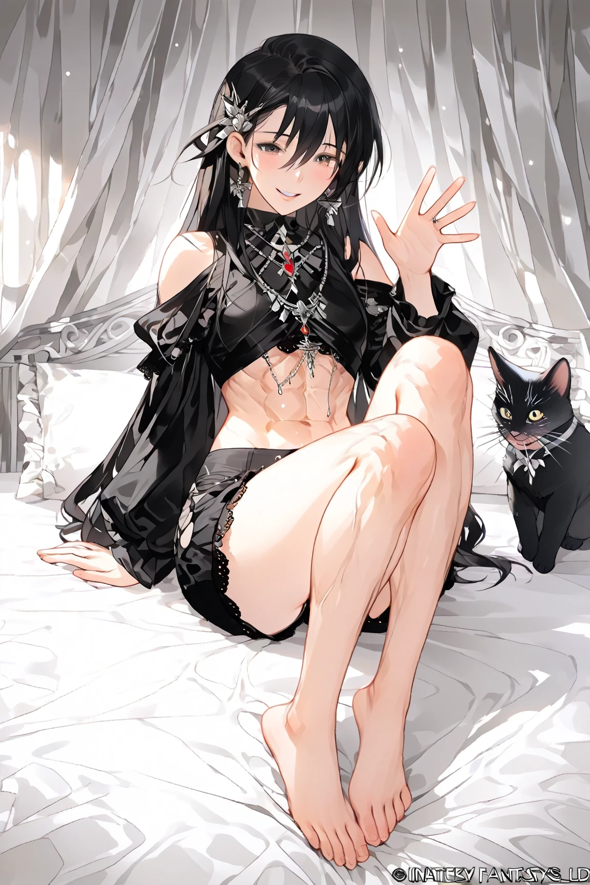 Cat ear、Big Breasts、young、Black Hair、Stylish、Bed、bra、pants、blush、naked