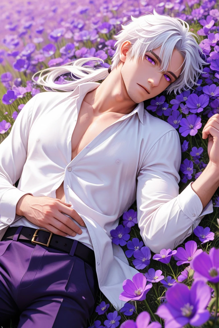 A male, asleep among the cherry blossoms. Vines cover him and flowers grow around him, and in his long length dreamy blue color hair, his appropiate clothes covered in petals, which cover his skin and chest. His shirt laced up, his jacket and long sleeves drape over him. There is something ethereal about this man. His long hair flows freely.