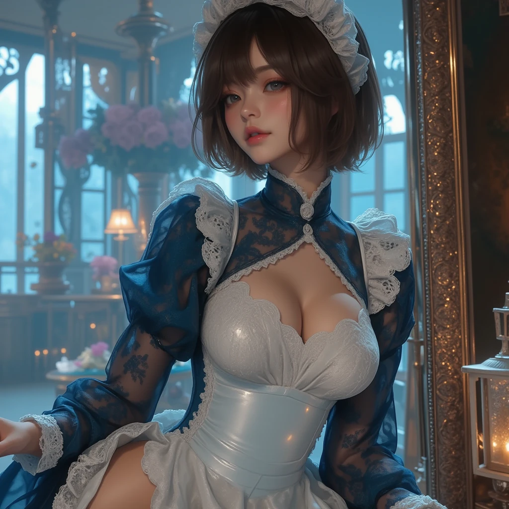 A cute woman is dressed like Elvira in her iconic slinky form fitting dress, she is posing on a spooky front porch, many cobwebs and a few Jacko lanterns