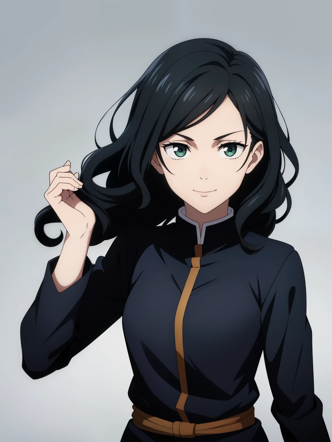 (high-quality, breathtaking),(expressive eyes, perfect face) 1girl, female, solo, ager, black hair, bright meadow green eye color, long hair length, looking at viewer, half body, bright smile, kind face, cheerful expression, slightly tanned skin, dark black blue long sleeved shirt, collared shirt, dark black blue pants, jujutsu kaisen uniform, jujutsu high school uniform, flowy hair, feminine face, wavy curly hair, grey background, portrait, Elysia inspired hairstyle, small sunflower, stylized hairstyle