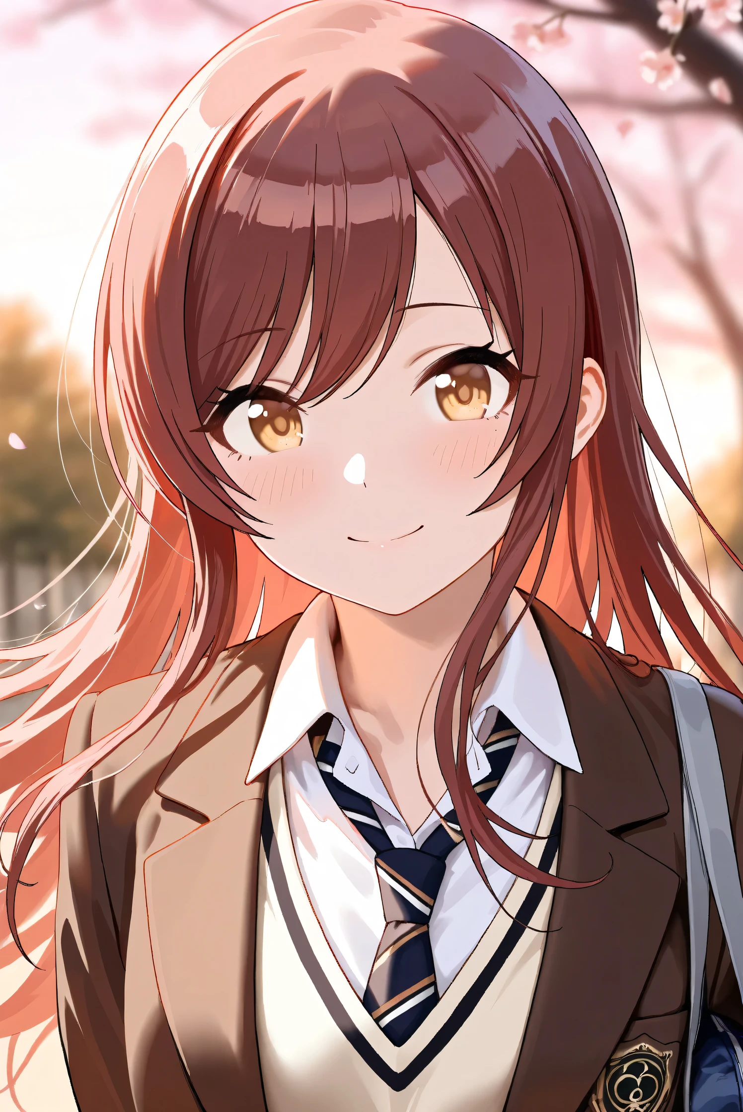 (Masterpiece), (Highest quality), (Very detailed),
(The best shape), (Best Shadow), (Absurd),
(Detailed background), (So beautiful), Shiny ,
Extraordinary, Countershading, 8k, 32K, High resolution, Beautiful eyes in every detail,
Very Detailed CG, UHD,
Score_9, Score_8_up, Score_7_up, Source_anime,
(Pastel painting:1.2), (Watercolor painting:1.2),
(Masterpiece, Detailed:1.2), (Foreshortening:1.2),
Cinematic, Dramatic, (Depth of field:1.4),
(Blurry background:1.4), (Realistic background:1.4),
Dynamic angle, 1 girl,
Outdoor, Spring, (Cherry blossoms:0.8), (Evening:1.2),
Wind, Nature,
Osaki Amana,
the idolmaster shiny colors,
amanaosaki,
red hair, brown hair, yellow eyes,
(School uniform:1.3),
Blazer, Brown blazer,
Sweater, Khaki sweater,
formal shirt, White collar shirt, tie, black tie,
School bag,
Portrait, Focus on face,
(Blush:1.3), Smile, Happy,
Realistic skin, Shiny skin,