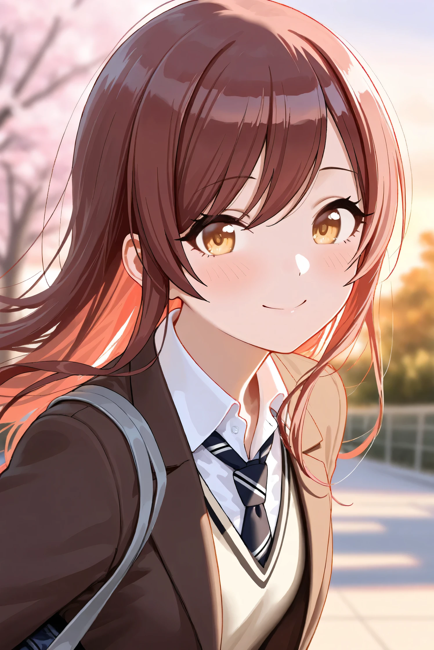 (Masterpiece), (Highest quality), (Very detailed), 
(The best shape), (Best Shadow), (Absurd), 
(Detailed background), (So beautiful), Shiny , 
Extraordinary, Countershading, 8k, 32K, High resolution, Beautiful eyes in every detail,
Very Detailed CG, UHD,

Score_9, Score_8_up, Score_7_up, Source_anime, 
(Pastel painting:1.2), (Watercolor painting:1.2),
(Masterpiece, Detailed:1.2), (Foreshortening:1.2),

Cinematic, Dramatic, (Depth of field:1.4),
(Blurry background:1.4), (Realistic background:1.4),
Dynamic angle, 1 girl,
Outdoor, Spring, (Cherry blossoms:0.8), (Evening:1.2),
Wind, Nature,

Osaki Amana,
the idolmaster shiny colors,
amanaosaki,
red hair, brown hair, yellow eyes,

(School uniform:1.3),
Blazer, Brown blazer,
Sweater, Khaki sweater,
formal shirt, White collar shirt, tie, black tie,
School bag,

Portrait, Focus on face, 
(Blush:1.3), Smile, Happy,
Realistic skin, Shiny skin,