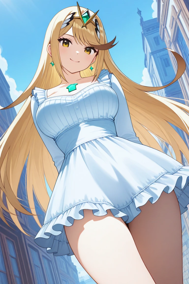 Anime Kawaii y Perfect Slim sensual body large bred huge thighs, An intricate and highly detailed illustration of anime (Young girl)  An extremely beautiful stunning woman with a perfect busty bodld blonde long silky hair, big blue eyes, extremely super bright snow white fair stunning flawless glowing lush shiny flawless white skin, a perfect tight hourglass figure, and a skinny waist, sexy thick smo luscious legs, and thighs, extremely cute smile on the face, bright pink blushes on cheeks, wearing a tight knee-length white floral dress, pink off-shoulder sweater, yellow heels, gold necklace on the neck, gold anklets on feet, gold chain on the waist, standing straight, holding a chocolate bar, garden in the background, show full body from head to feet.
