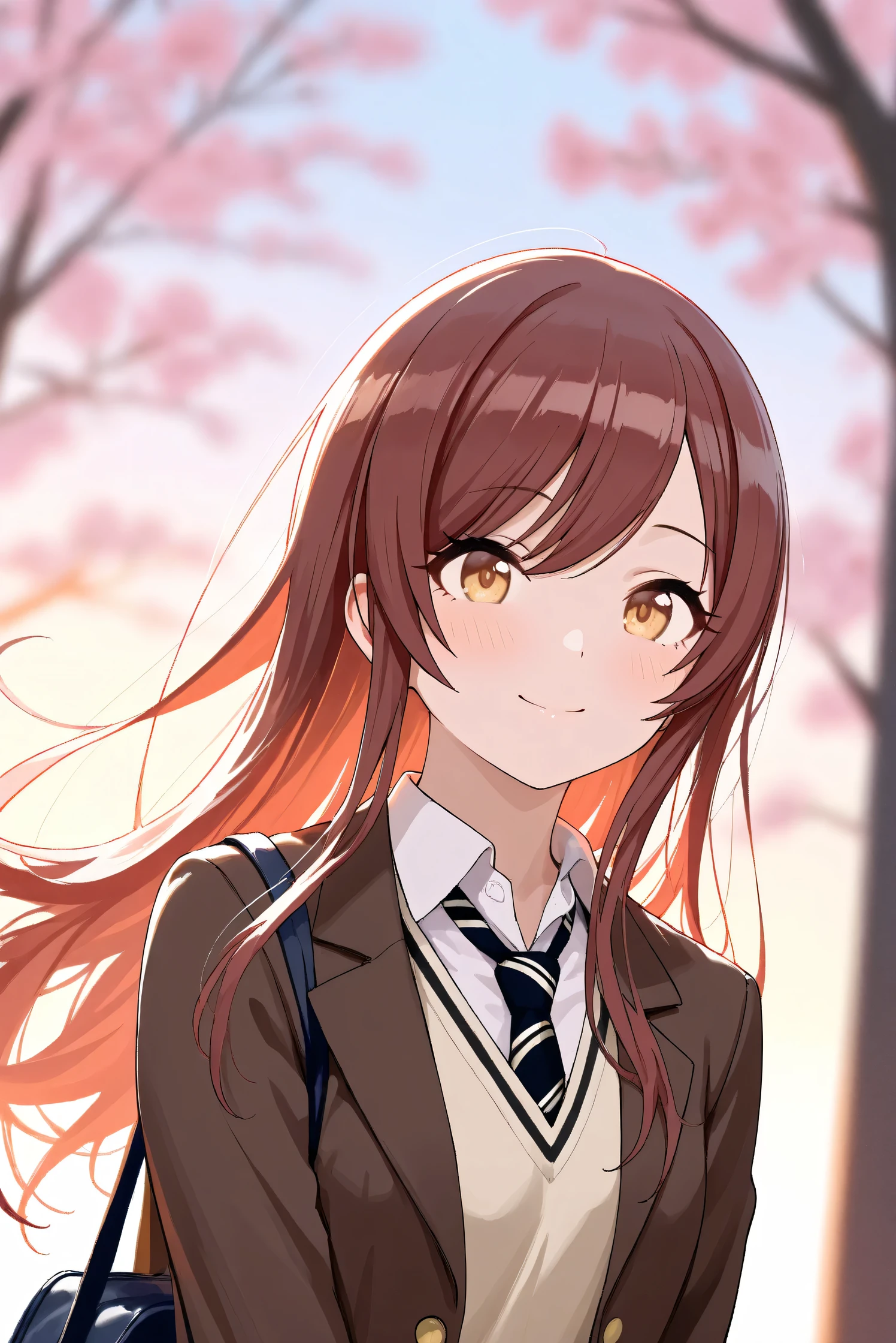 (Masterpiece), (Highest quality), (Very detailed), 
(The best shape), (Best Shadow), (Absurd), 
(Detailed background), (So beautiful), Shiny , 
Extraordinary, Countershading, 8k, 32K, High resolution, Beautiful eyes in every detail,
Very Detailed CG, UHD,

Score_9, Score_8_up, Score_7_up, Source_anime, 
(Pastel painting:1.2), (Watercolor painting:1.2),
(Masterpiece, Detailed:1.2), (Foreshortening:1.2),

Cinematic, Dramatic, (Depth of field:1.4),
(Blurry background:1.4), (Realistic background:1.4),
Dynamic angle, 1 girl,
Outdoor, Spring, (Cherry blossoms:0.8), (Evening:1.2),
Wind, Nature,

Osaki Amana,
the idolmaster shiny colors,
amanaosaki,
red hair, brown hair, yellow eyes,

(School uniform:1.3),
Blazer, Brown blazer,
Sweater, Khaki sweater,
formal shirt, White collar shirt, tie, black tie,
School bag,

Portrait, Focus on face, 
(Blush:1.3), Smile, Happy,
Realistic skin, Shiny skin,
