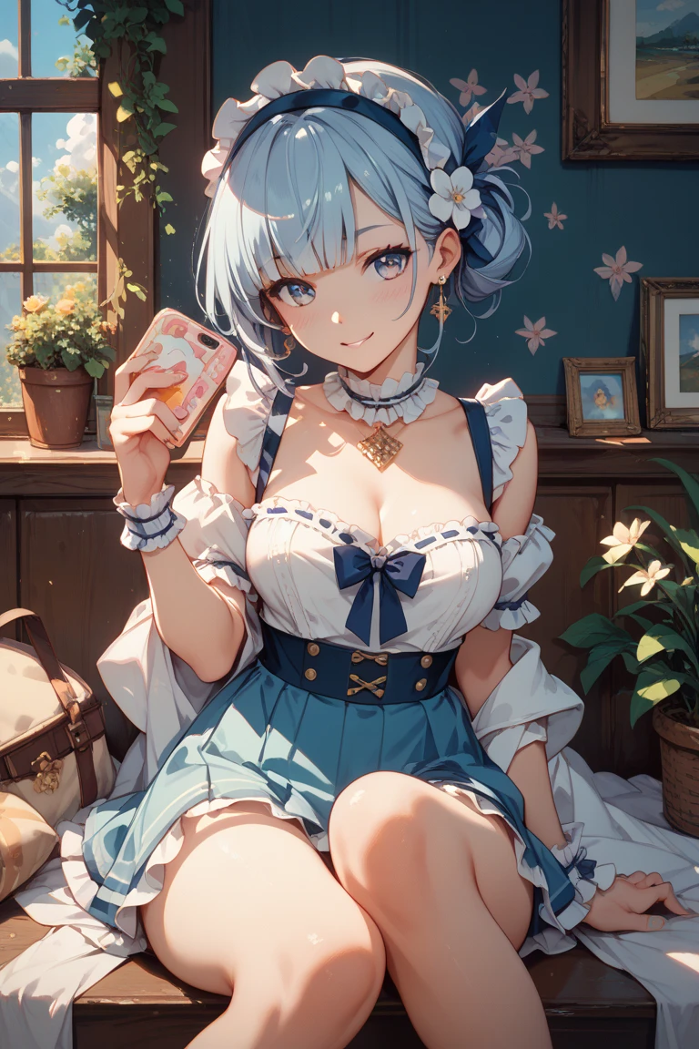 Anime Moe Art Style,Highest quality,High resolution,Anatomically correct,One Girl,Mid-teens,A girl with light blue hair in a ponytail,Super detailed,Fantasy World,Sleeveless blouse,mini skirt,Big Breasts,Shiny skin,Beautiful Skin,A rich expression,smile,A room in an inn,Taking luggage out of the bag and inspecting it,sit,Eyes drawn in detail,hair ornaments,necklace,bracelet,ring,8K