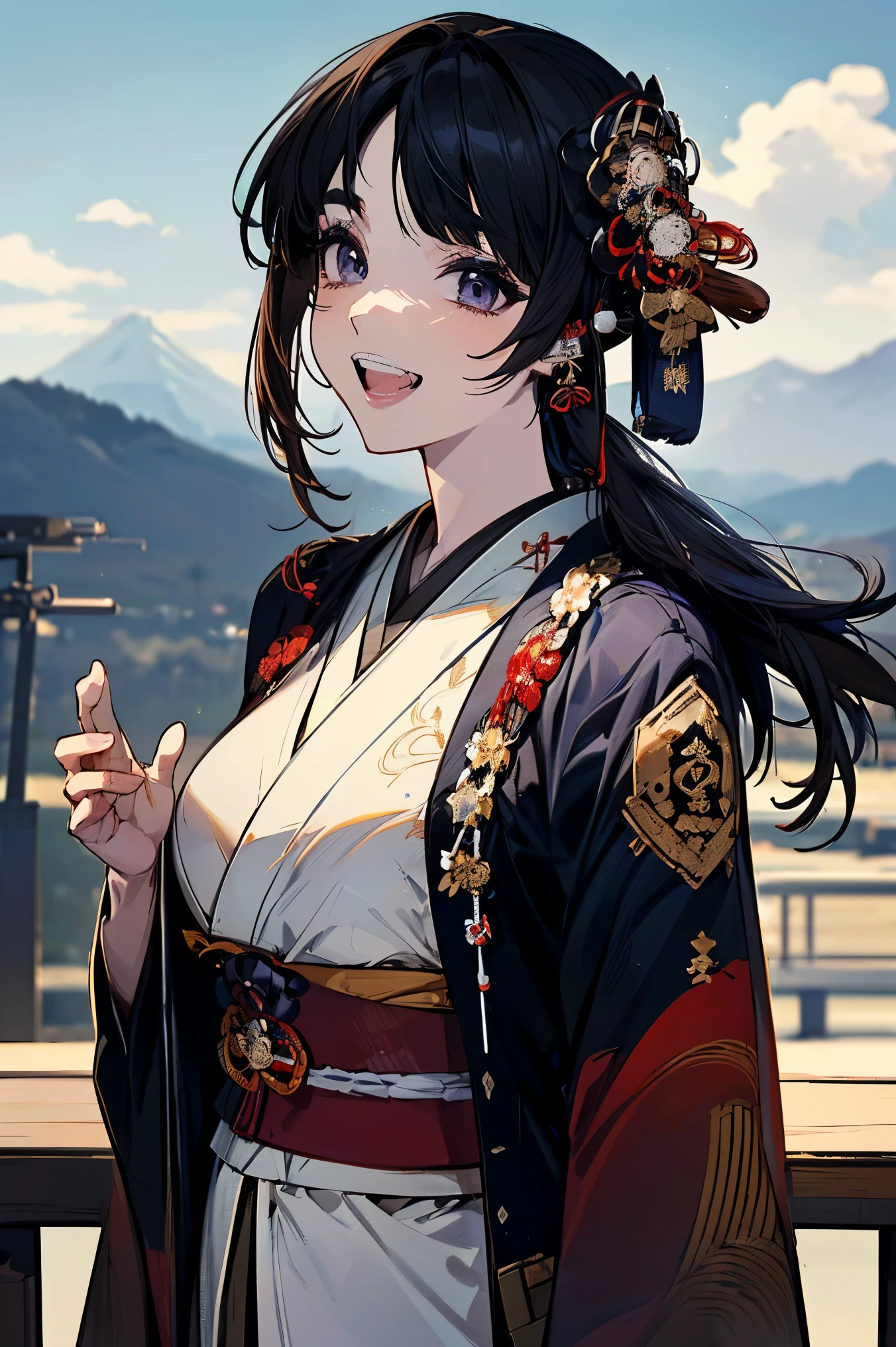 (masterpiece:1.5),beautiful hair,beautiful eyes,beautiful lips,Beautiful slender body,(Konno Anna:1.2),(Riho Yoshioka:1.1),(shows his teeth and laughs:1.3),(Mountains in the background:1.4),bust illustration from the front ,Cleavage,((((An Extraordinary Beauty:1.7)))),(((( kimono,military jacket,Taisho Romance:1.5)))),((19-year-old single woman holding a fish in her hand:1.1)),(accurately depicted anatomically correct hands:1.1)black hair,long lashes,Three-dimensional, jewel-like eyes,Very delicate and beautiful CG,2. 5D illustration, anatomically accurate body, (Extremely precise illustrations:1.1),(Outdoors:1.4), (wallpaper:1.4),8k