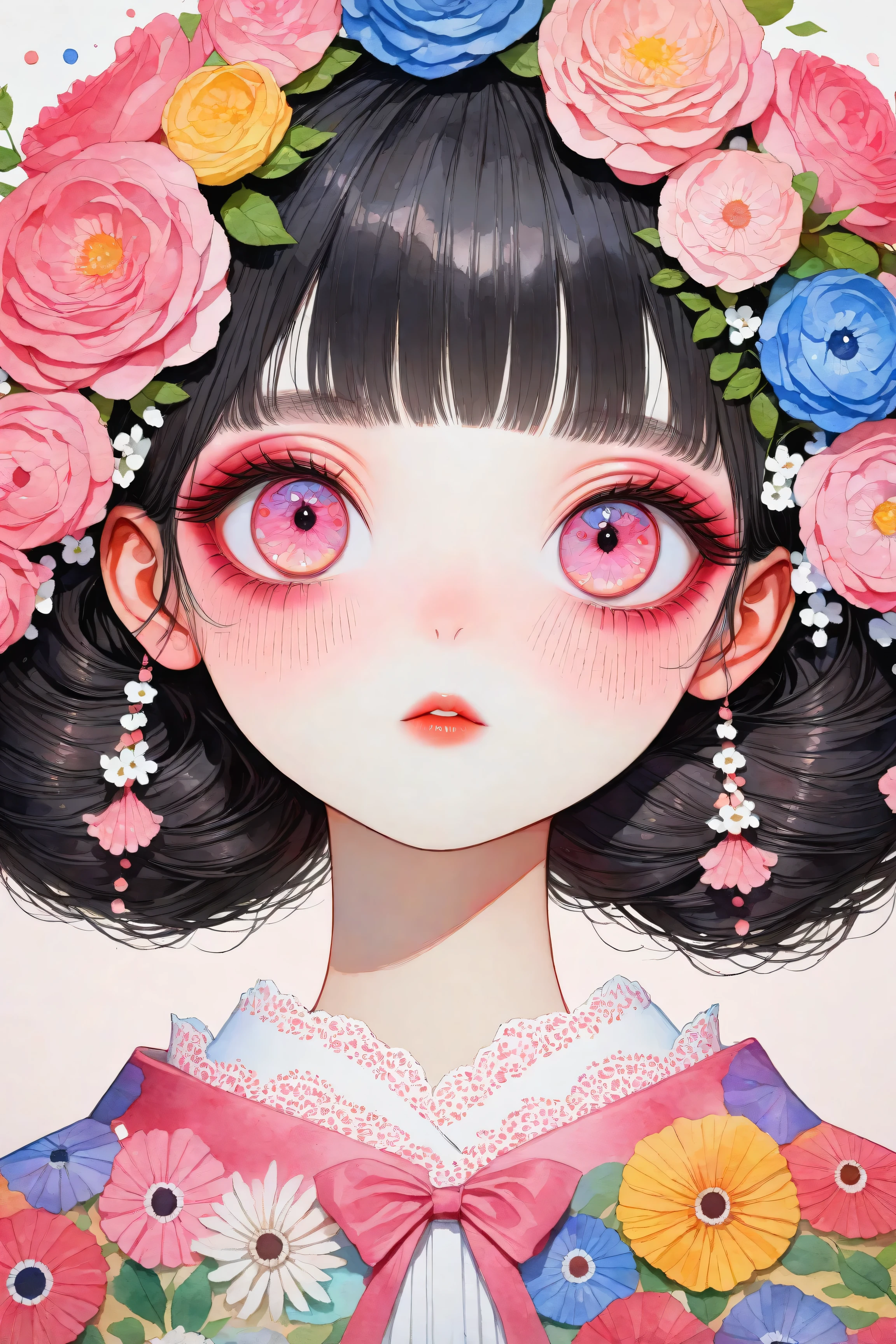 A young japanese woman, beautiful detailed eyes, beautiful detailed lips, extremely detailed eyes and face, long eyelashes, woman wearing a flowery dress, pastel painting oil stick painting, thick coating, texture, inspired by Moebius, trippy, (((watercolor illustration))), portrait, big eyes, ulzzang, pink eyes, (best quality,4k,8k,highres,masterpiece:1.2),ultra-detailed,(realistic,photorealistic,photo-realistic:1.37),HDR,UHD,studio lighting,ultra-fine painting,sharp focus,physically-based rendering,extreme detail description,professional,vivid colors,bokeh