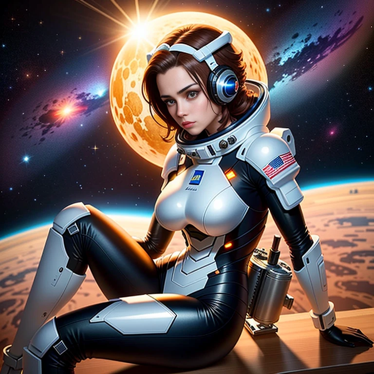 sexier, short hair, athletic body and full breasts, wearing an astronaut suit in deep space, floating in space like a Goddess.