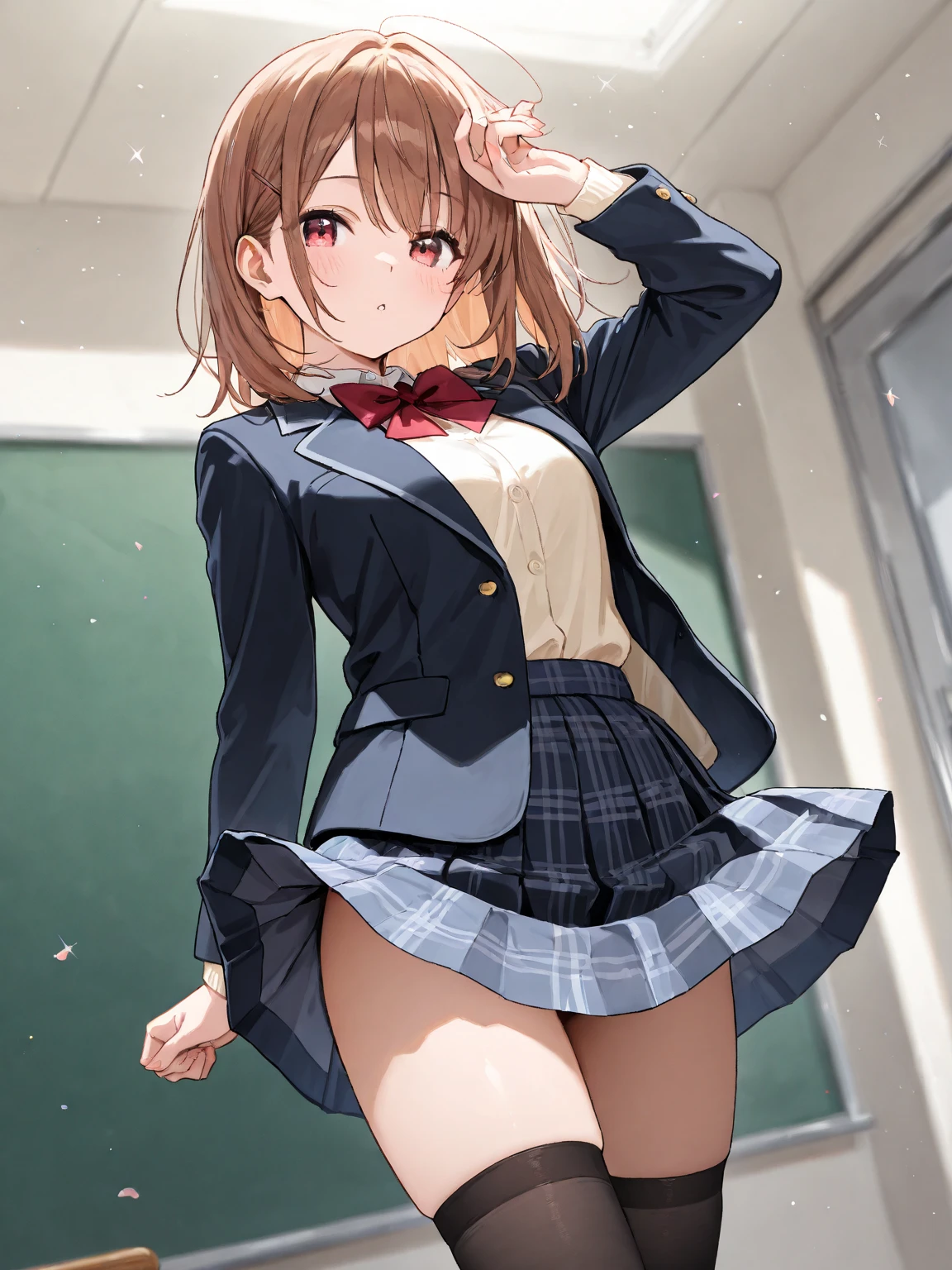 masterpiece, highest quality, High resolution, maemiku, short hair, tooth, , Red Bow, Collared shirt, Blue jacket, blazer, Long sleeve, Pleated skirt, Grey Skirt, Black knee socks, Cowboy Shot, smile, Are standing, Outdoor,Skirt Lift,Panties in full view